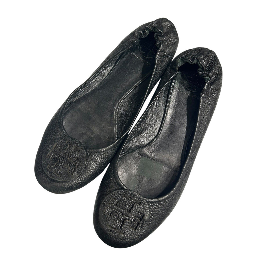 Tory Burch Minnie Travel Ballet Flats Black Pebbled Leather Logo Size 10M chic