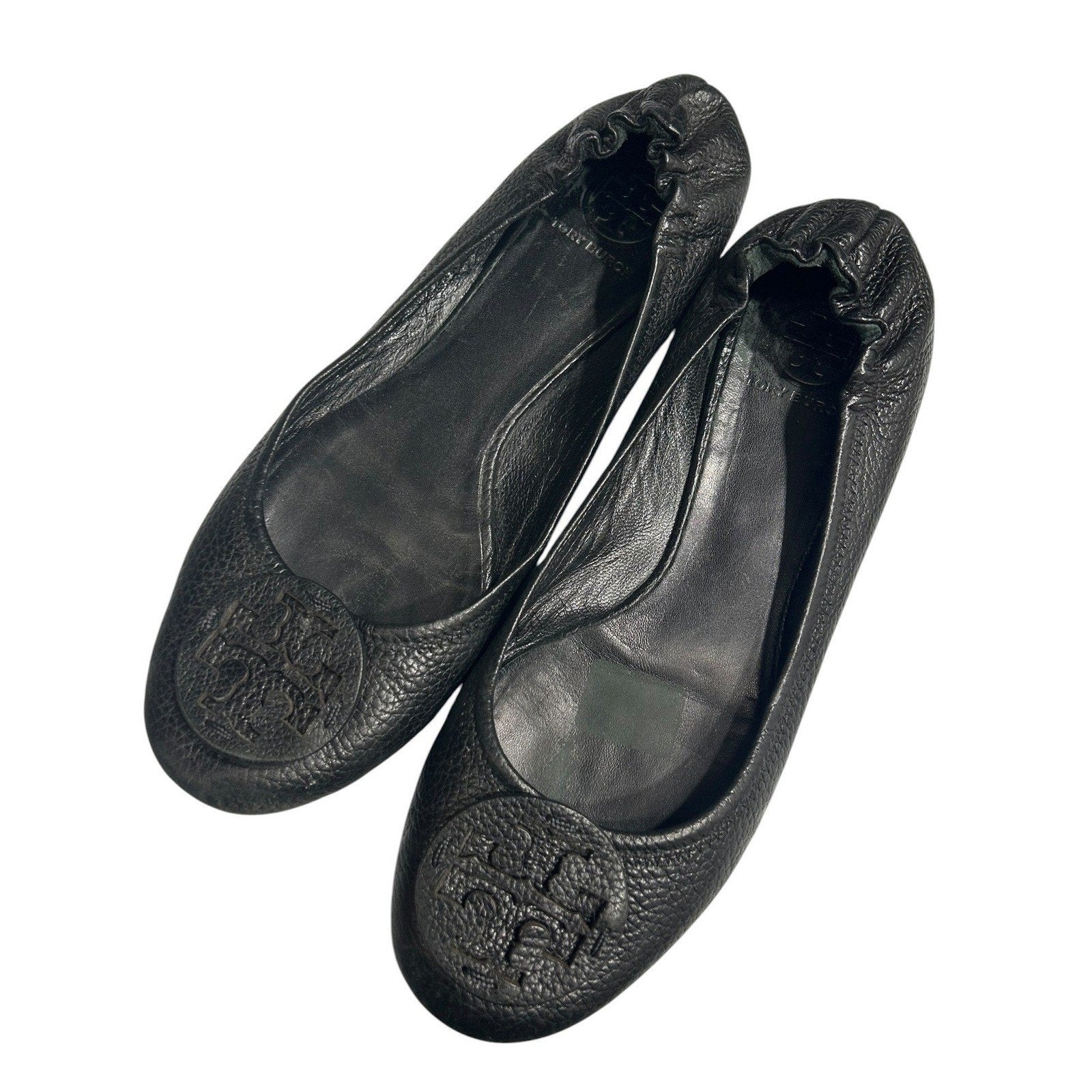 Tory Burch Minnie Travel Ballet Flats Black Pebbled Leather Logo Size 10M chic