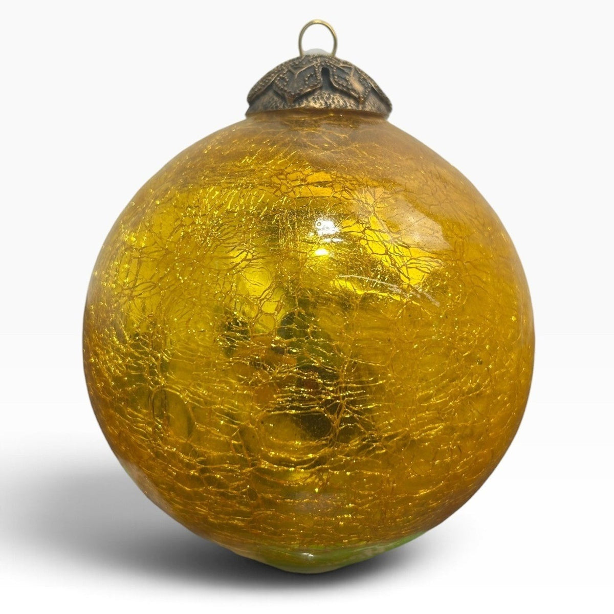 Vintage Heavy Gold Crackle Glass Ball Christmas Ornament 3.5 Inch Beautiful Cute
