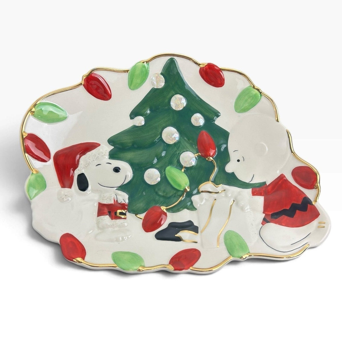Lenox Peanuts Snoopy Charlie Brown Christmas Tree Serving Platter Gold Trim Cute