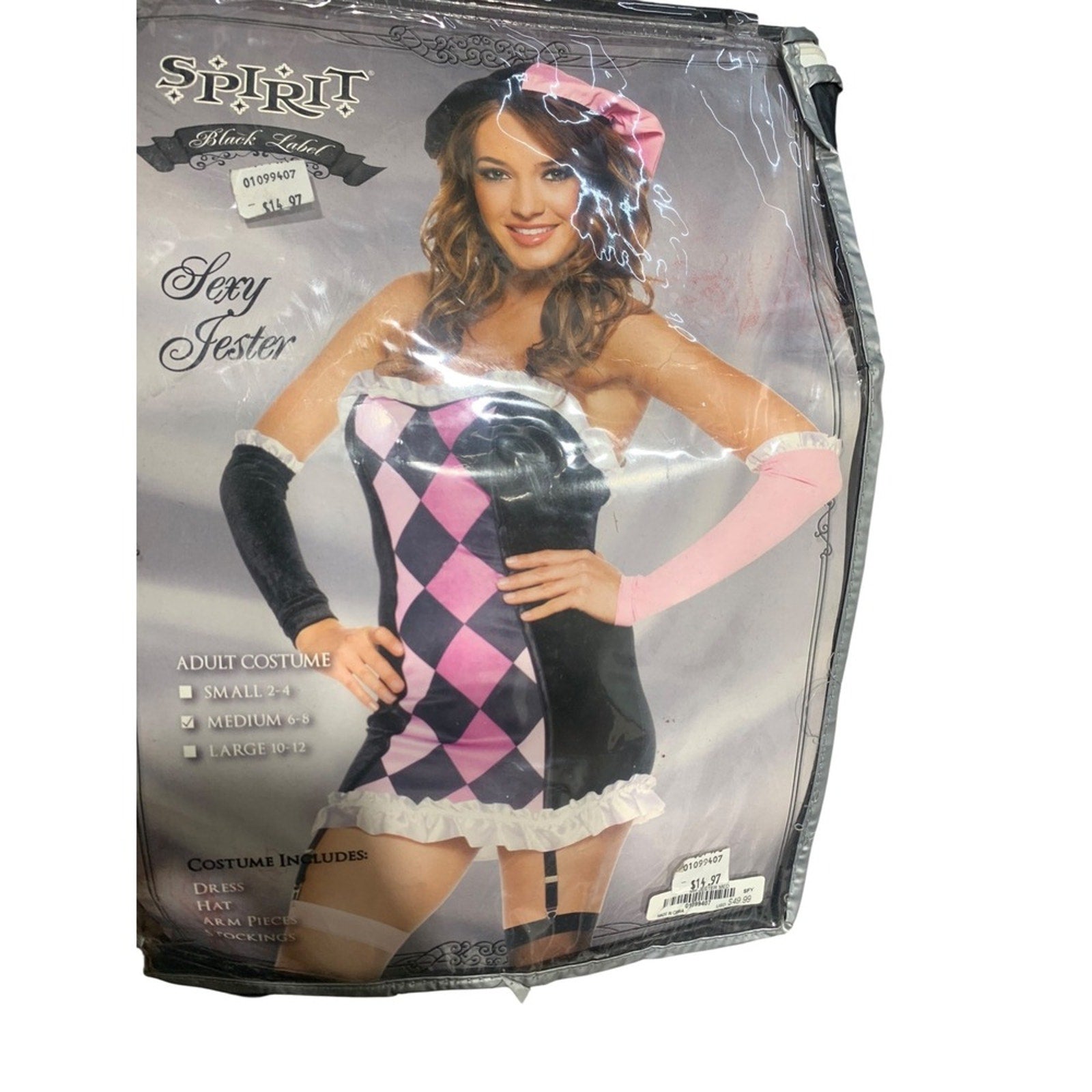 Spirit Sexy Jester Adult Costume Dress Hat Arm Pieces Stockings Medium 6-8