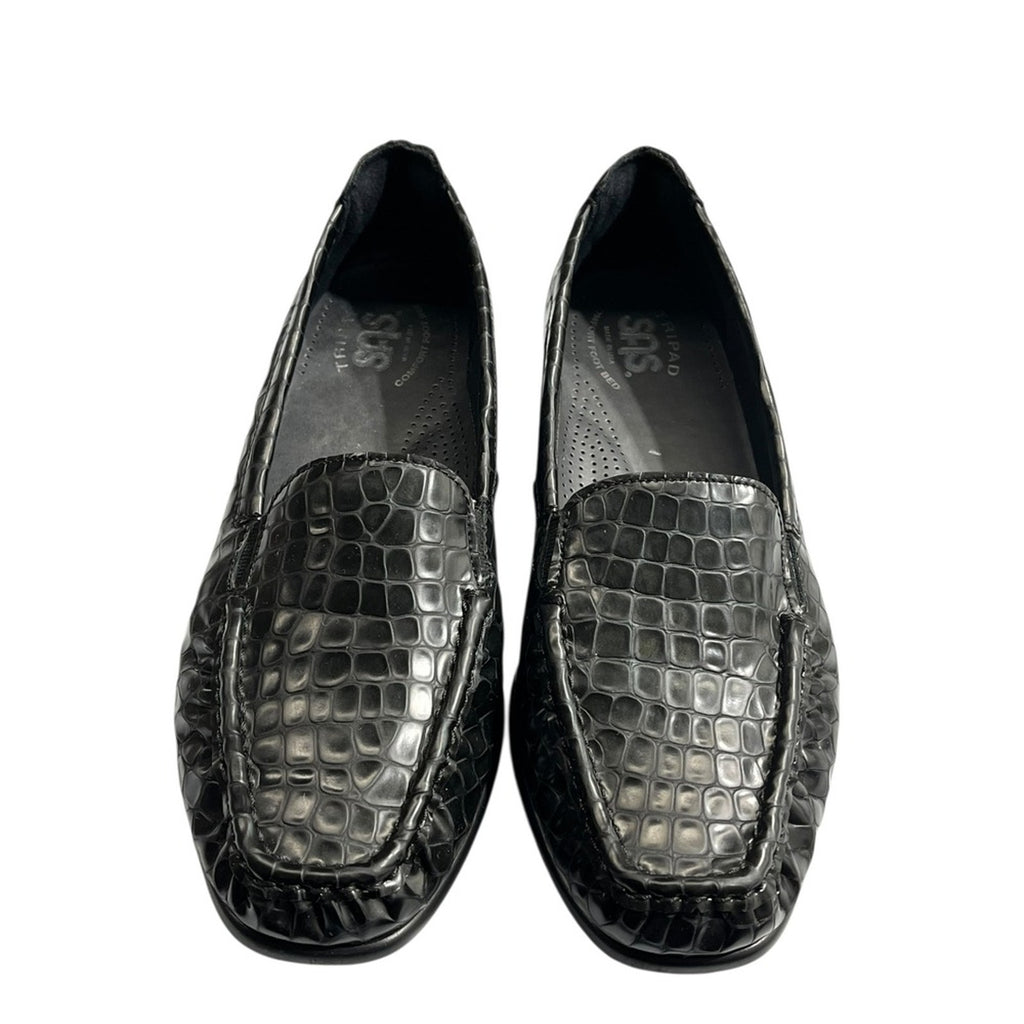 SAS loafers black embossed crocodile pattern slip on women's shoes 7.5