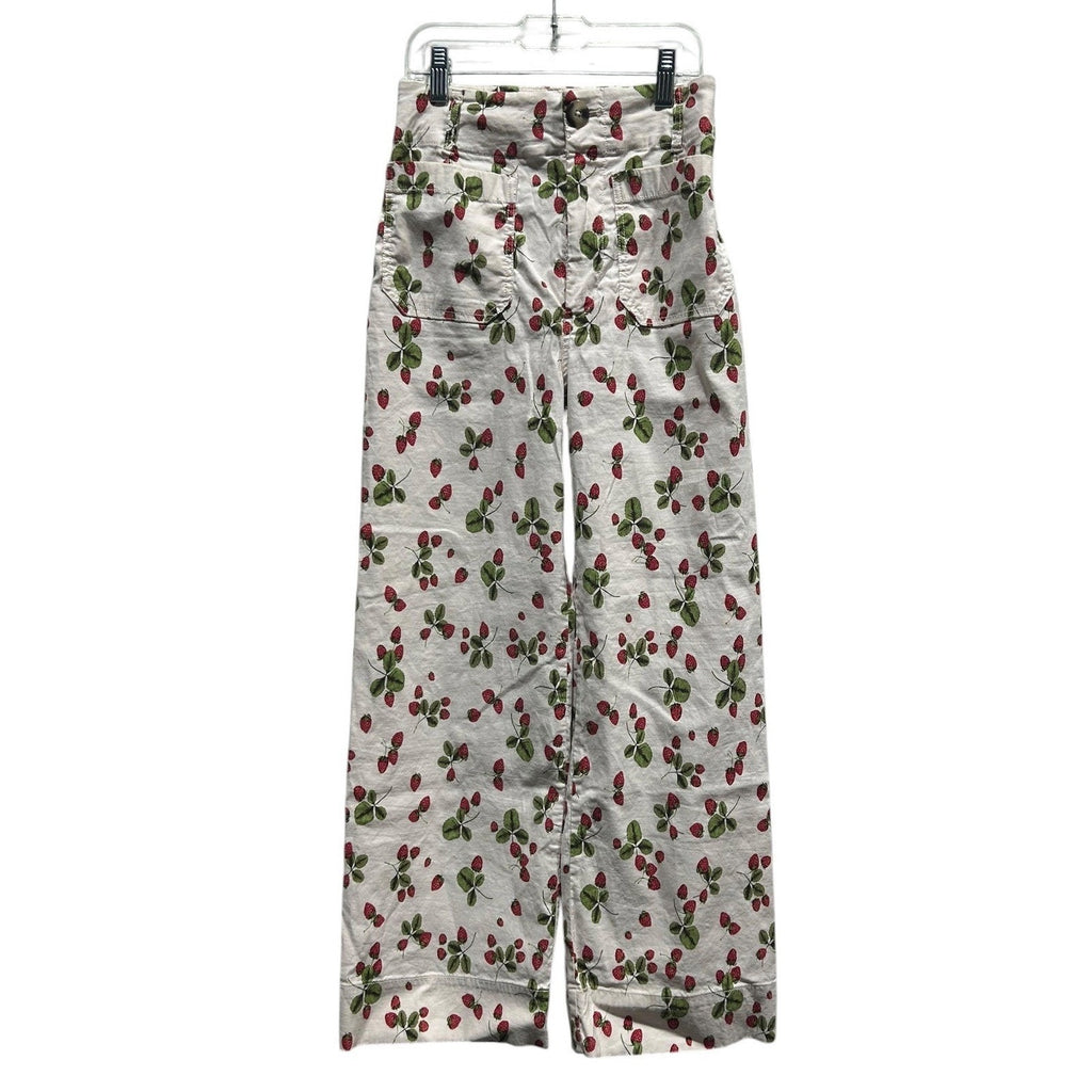 Maeve Anthropologie The Colette Strawberry Print Wide Leg Cropped Pants Size 25