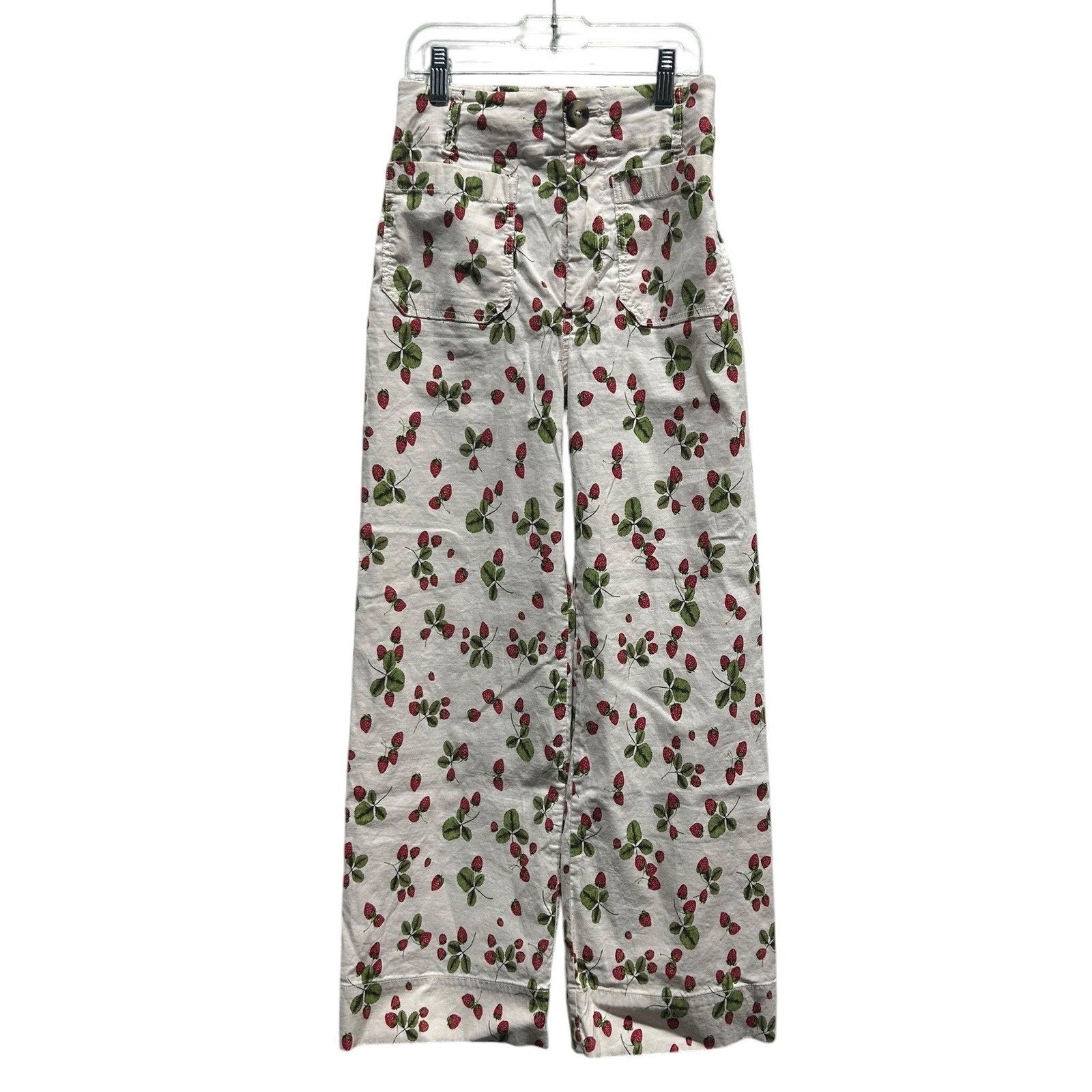 Maeve Anthropologie The Colette Strawberry Print Wide Leg Cropped Pants Size 25