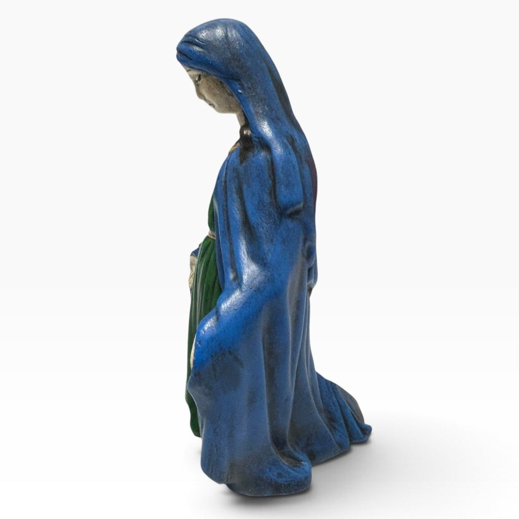 Vintage 1970s Holland Mold Virgin Mary Ceramic Figurine Hand Painted Blue Green