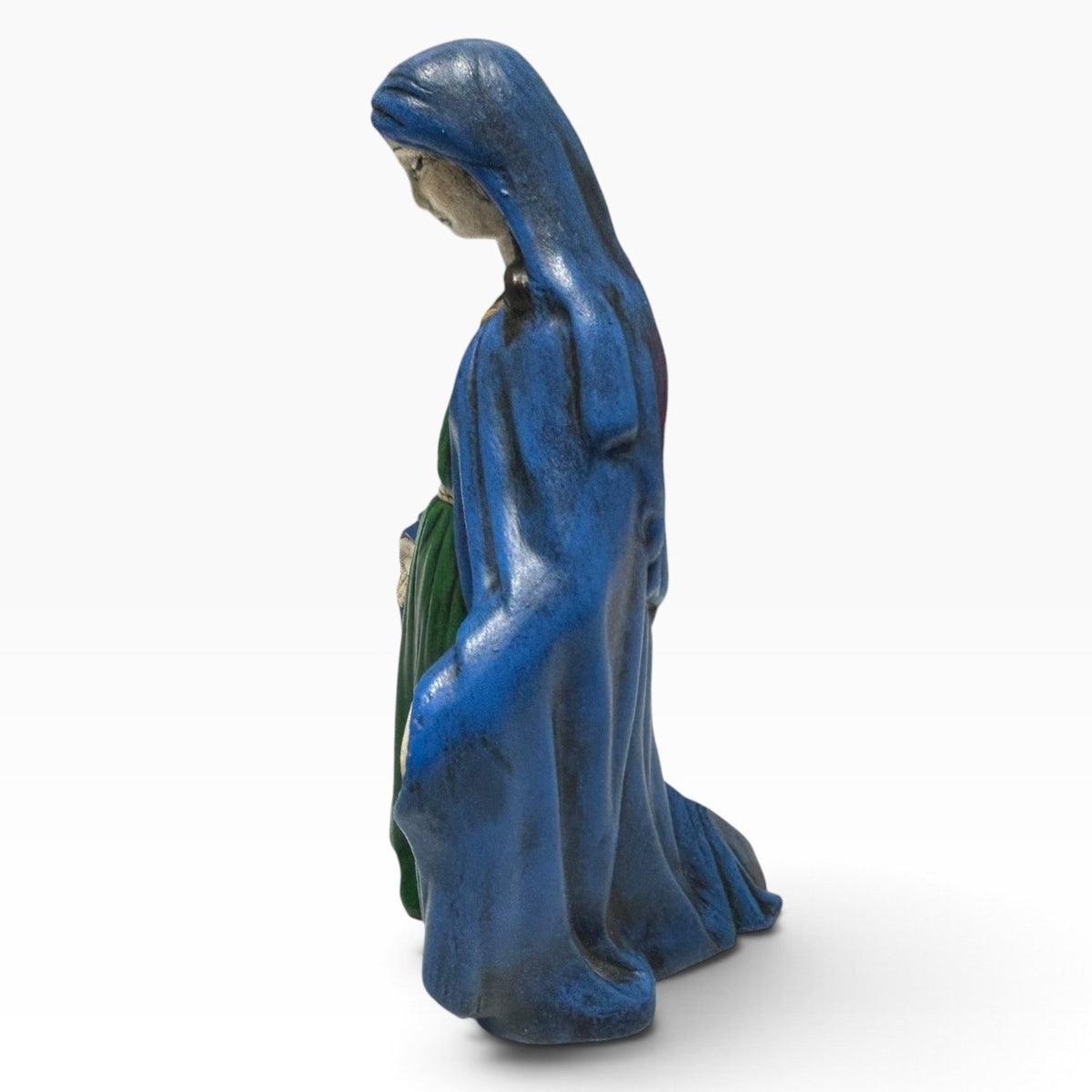 Vintage 1970s Holland Mold Virgin Mary Ceramic Figurine Hand Painted Blue Green