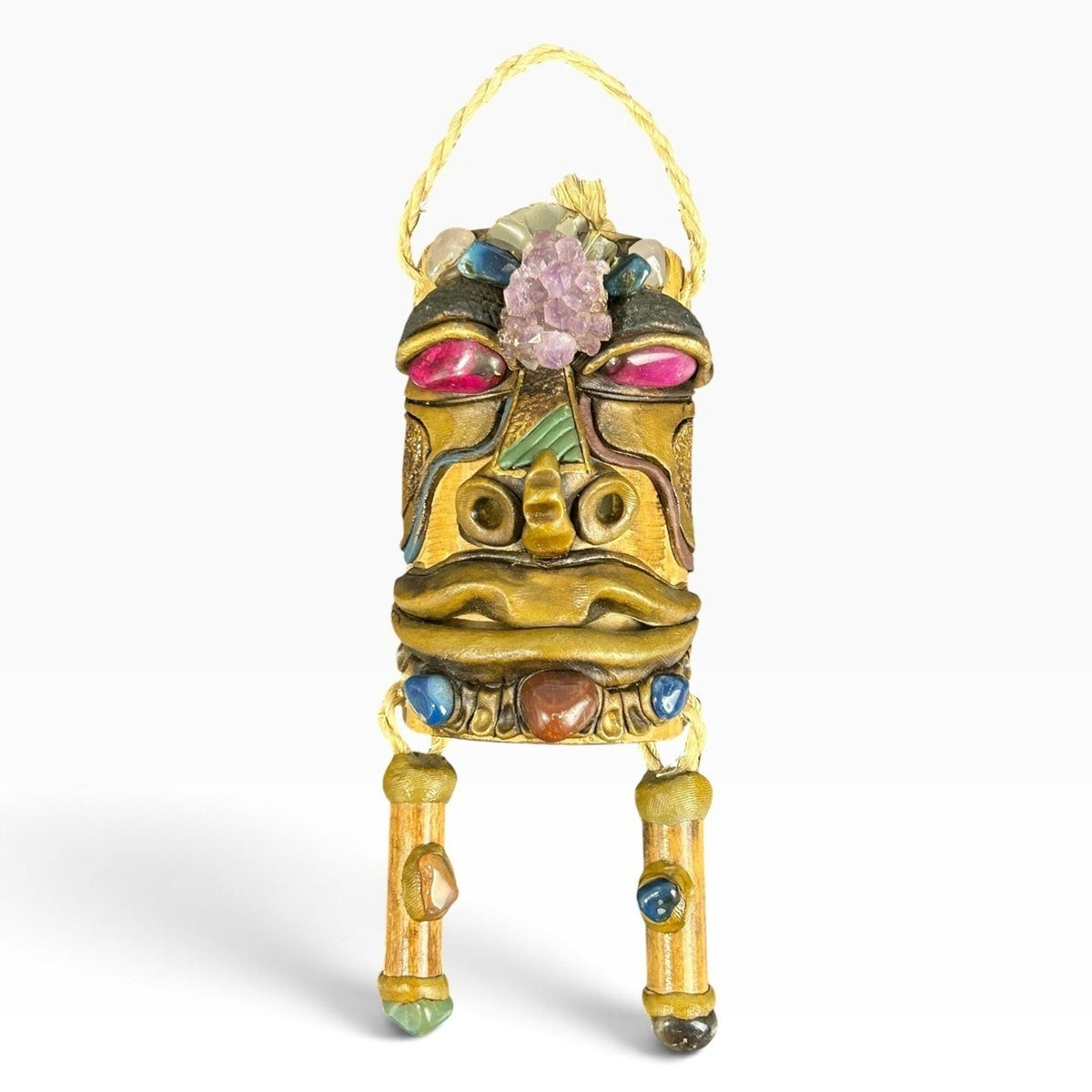Vintage Brazilian Bamboo Mask with Amethyst and Gemstones Folk Art Wall Decor 6"