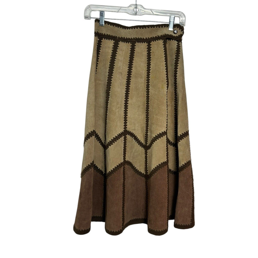 Young East Vintage 70s Patchwork Suede Leather Crochet Trim Midi Skirt Brown 7/8