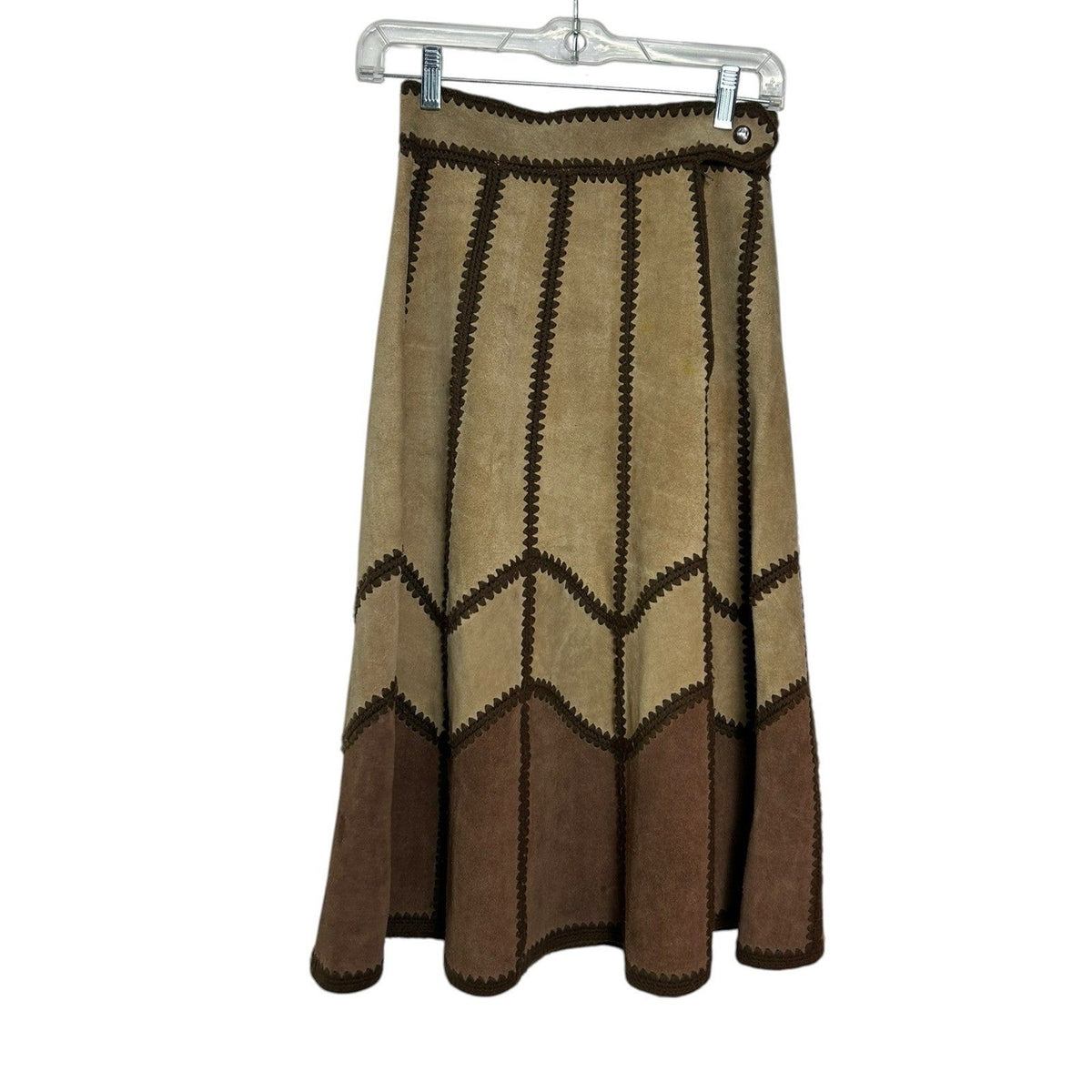 Young East Vintage 70s Patchwork Suede Leather Crochet Trim Midi Skirt Brown 7/8