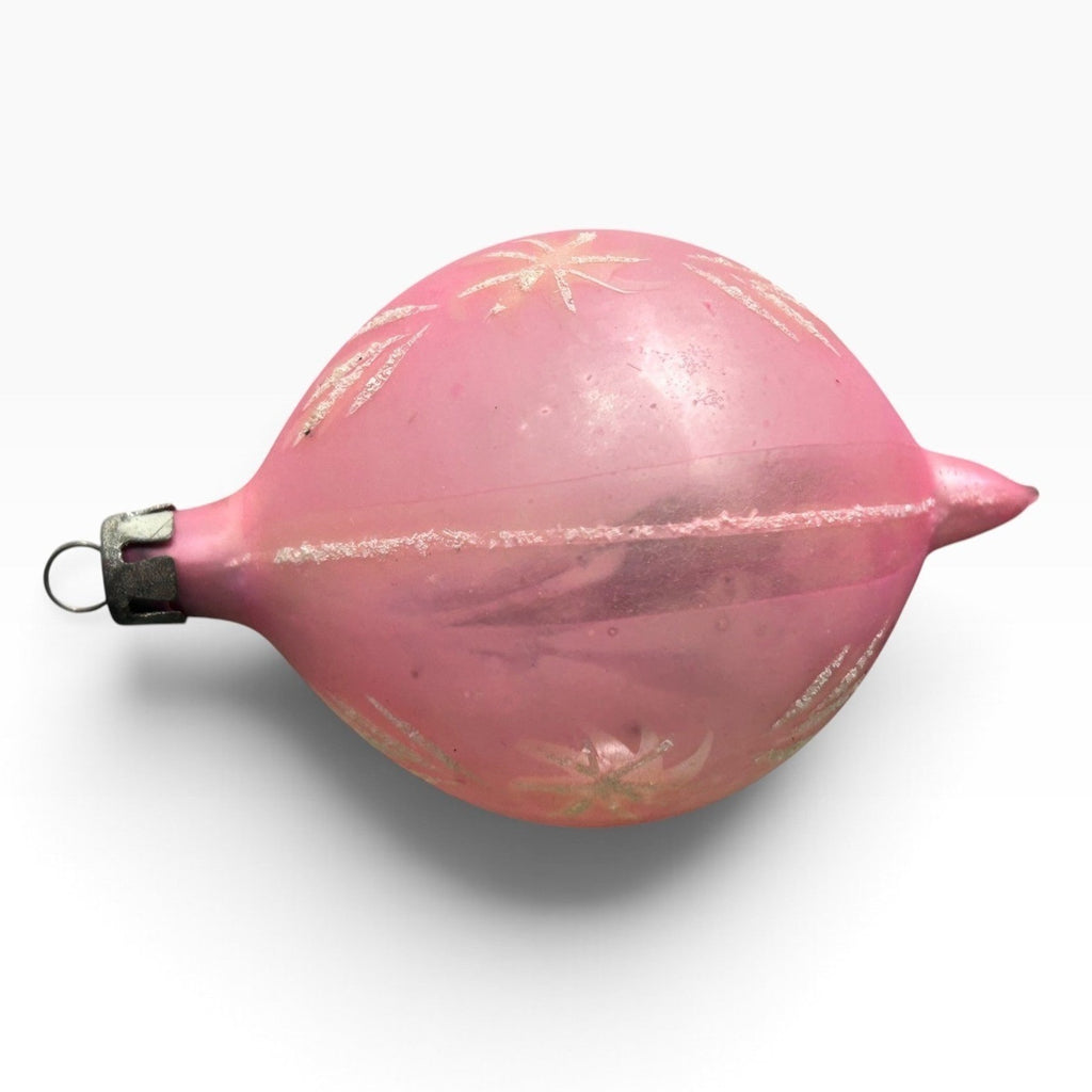 Vintage Poland Pink Frosted Glass Teardrop Christmas Ornament Silver Starburst