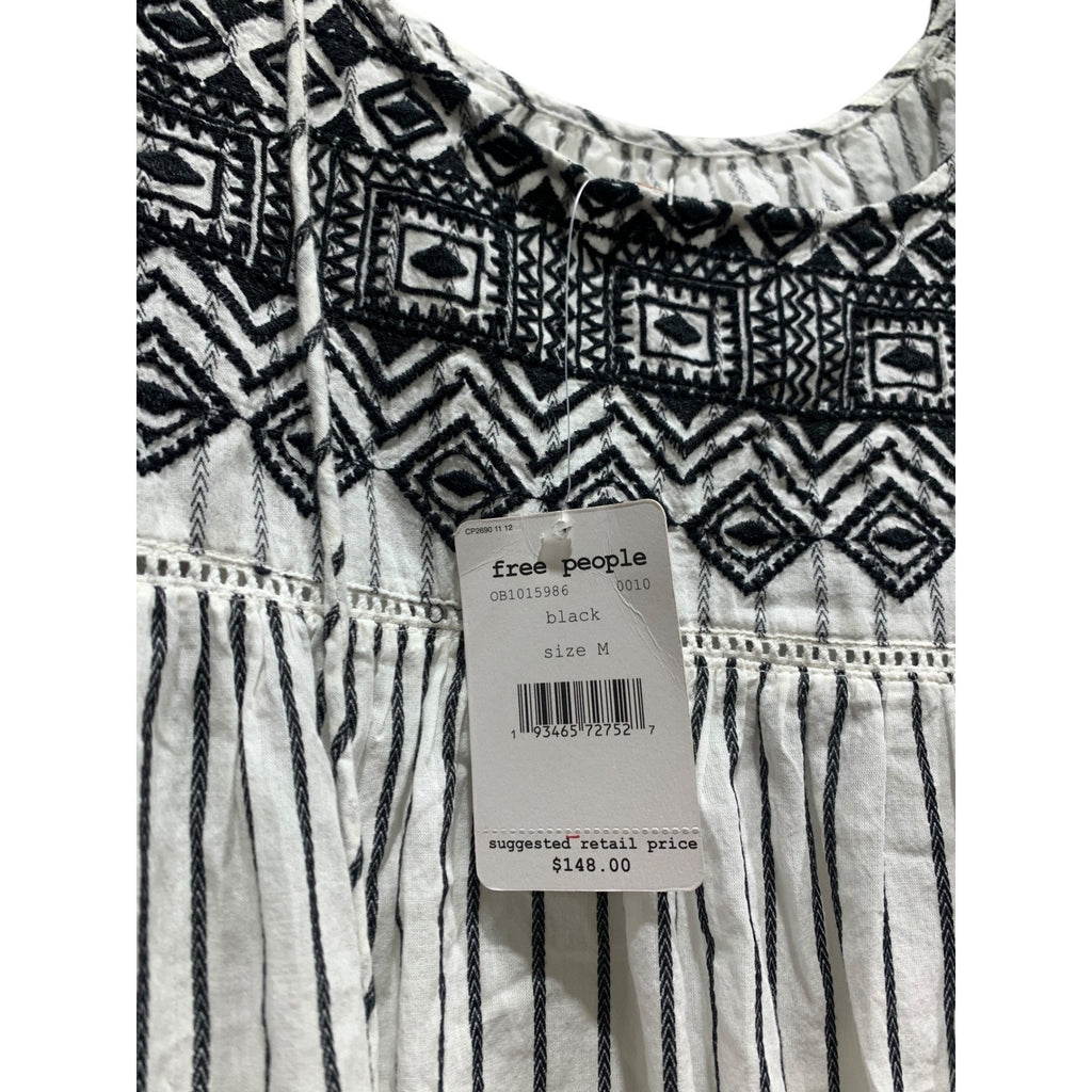 Free People Lola Embroidered Mini Dress Black White Striped Tiered Tunic Top M
