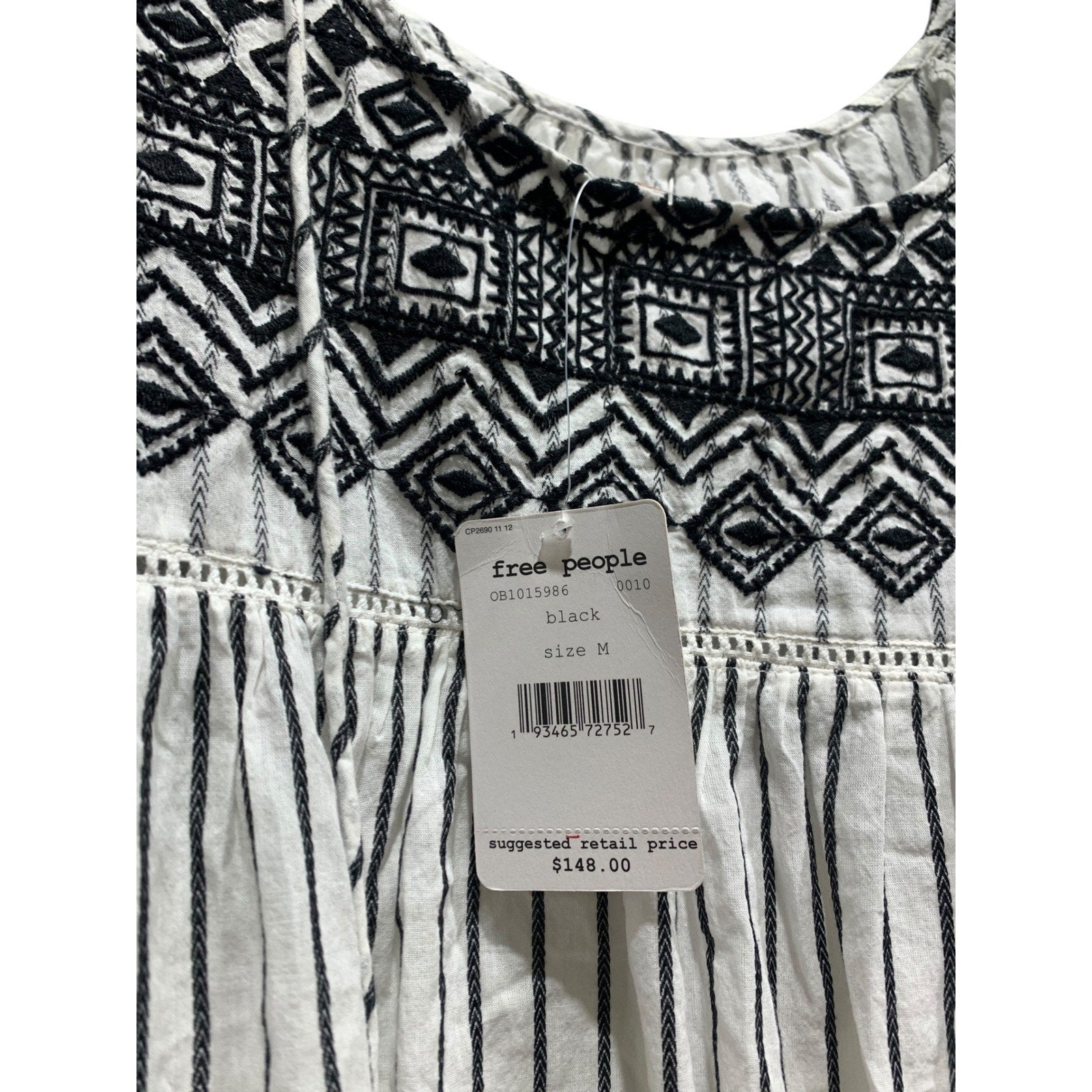 Free People Lola Embroidered Mini Dress Black White Striped Tiered Tunic Top M