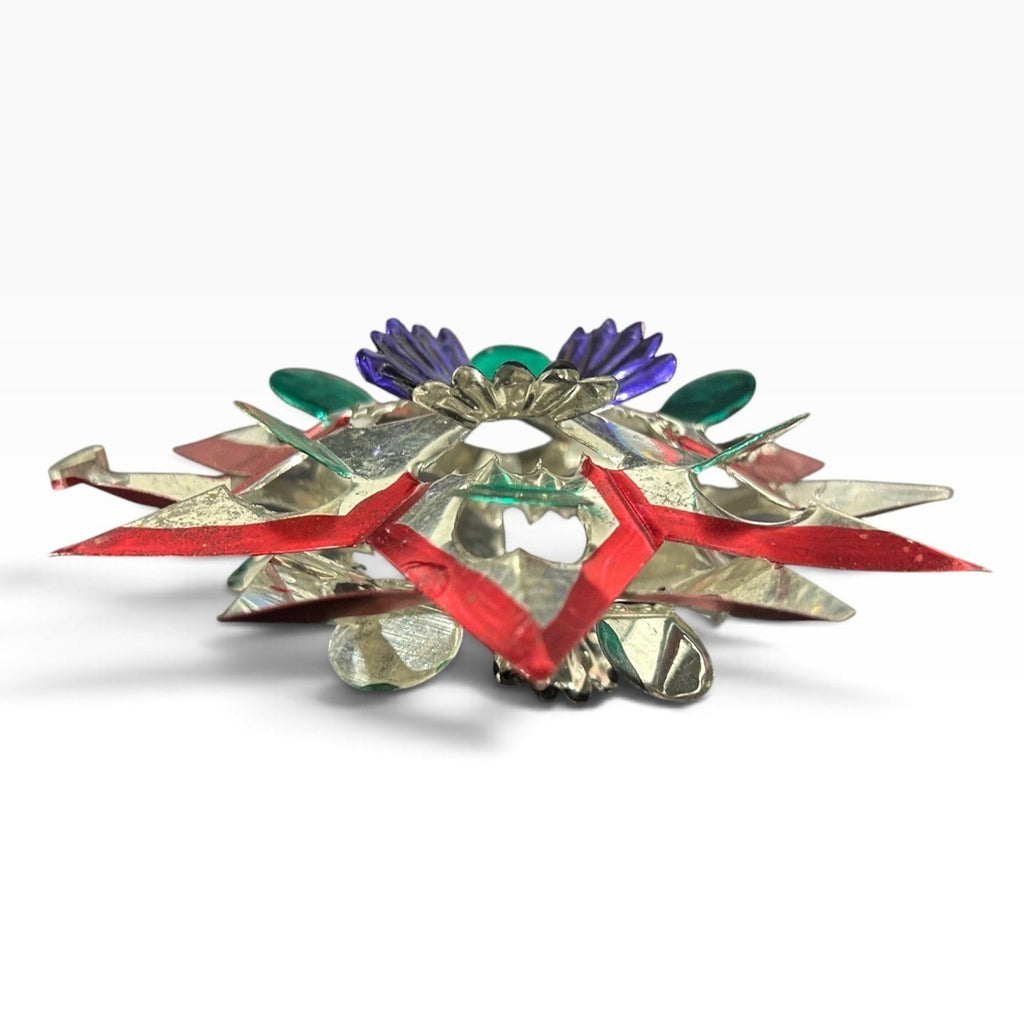 Vintage Mexican 3D Tin Star Ornament 5 Inch Hand Painted Folk Art Silver Red