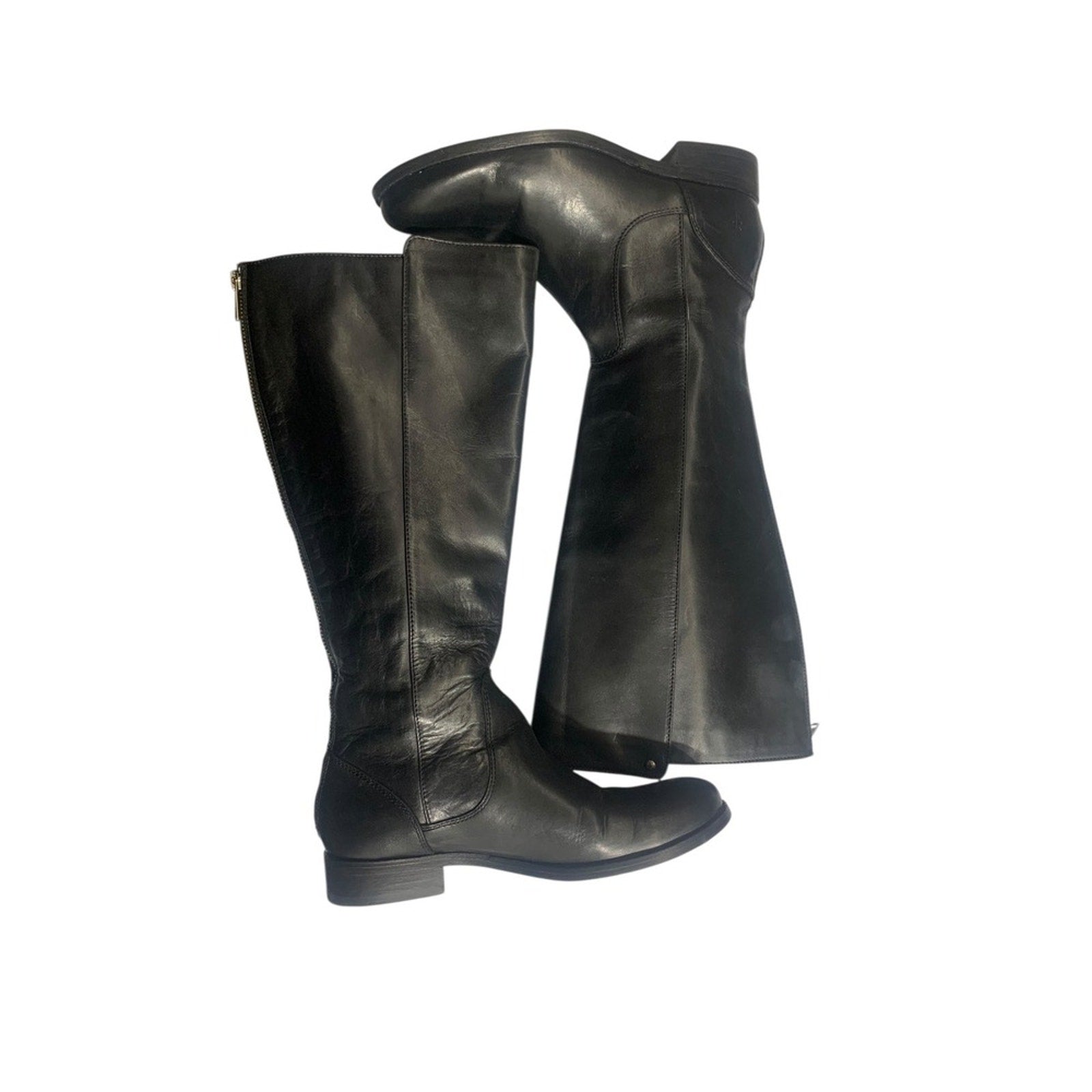 Womens Frye Black Leather Riding Knee High Boots Back Zip