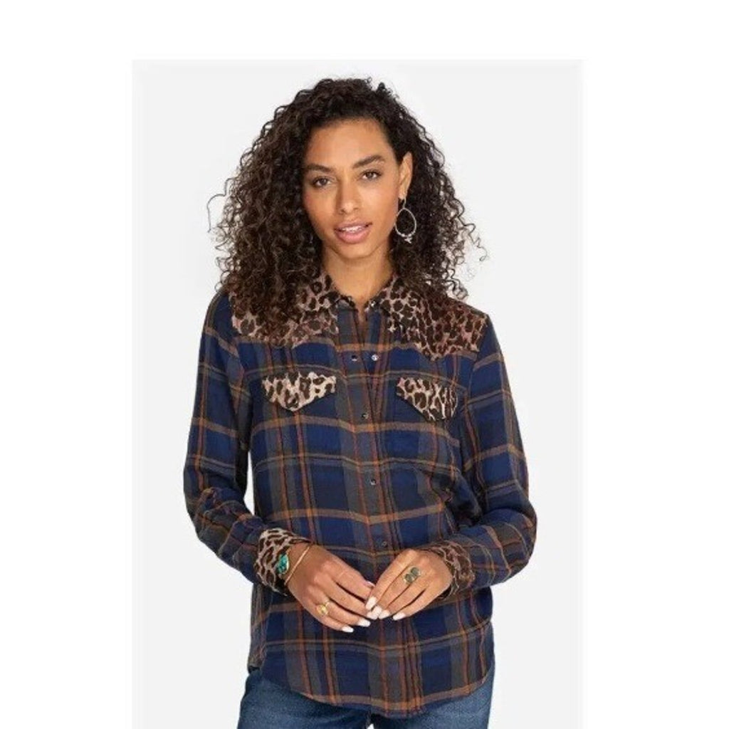 Johnny Was Workshop Navy Plaid Leopard Print Western Button Up Shirt XS layering
