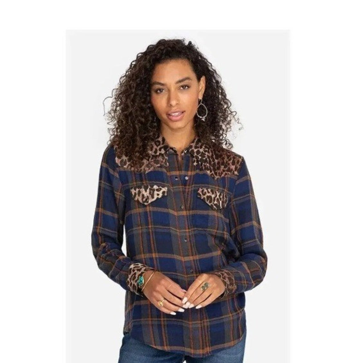 Johnny Was Workshop Navy Plaid Leopard Print Western Button Up Shirt XS layering