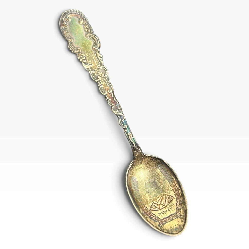 Antique Sterling Silver Admiral Dewey Souvenir Spoon Ornate Scrolled Handle 8g
