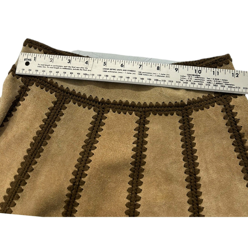 Young East Vintage 70s Patchwork Suede Leather Crochet Trim Midi Skirt Brown 7/8