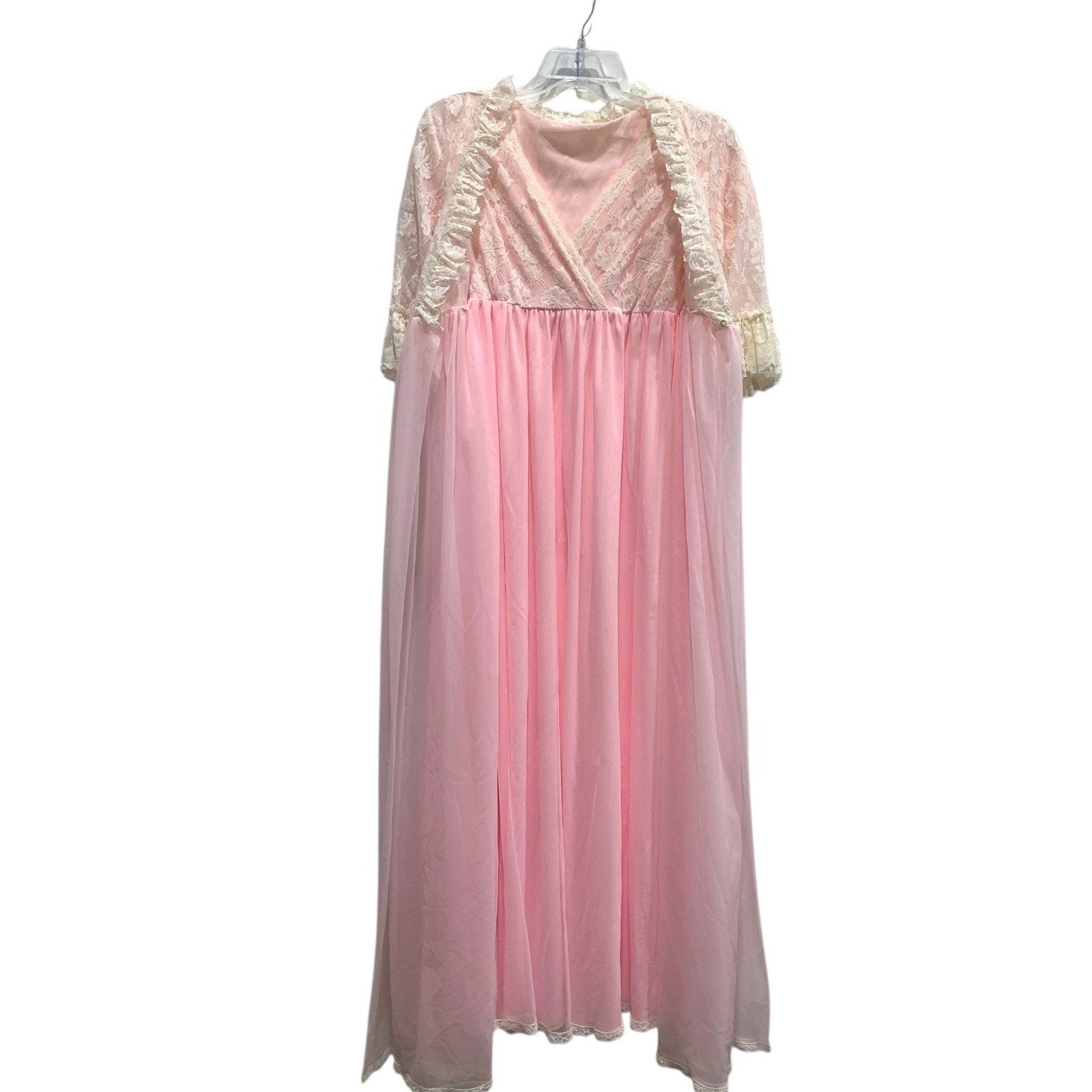 Vintage Pink Lace Maxi Nightgown Sheer Empire Waist Ruffle Sleeve Peignoir Dress