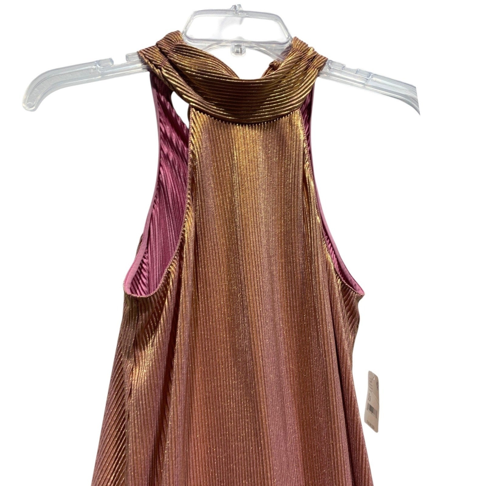 NWT SAYLOR Rose Gold Metallic Pleated Mini Dress Halter Neck Tie Back XS