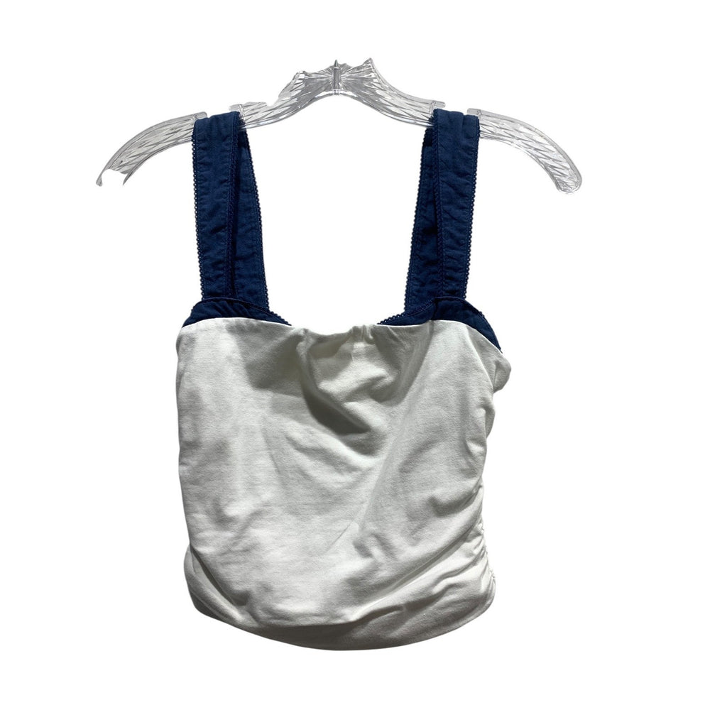 Free People White Navy Blue Ruched Side Lace Trim Square Neck Tank Top XS