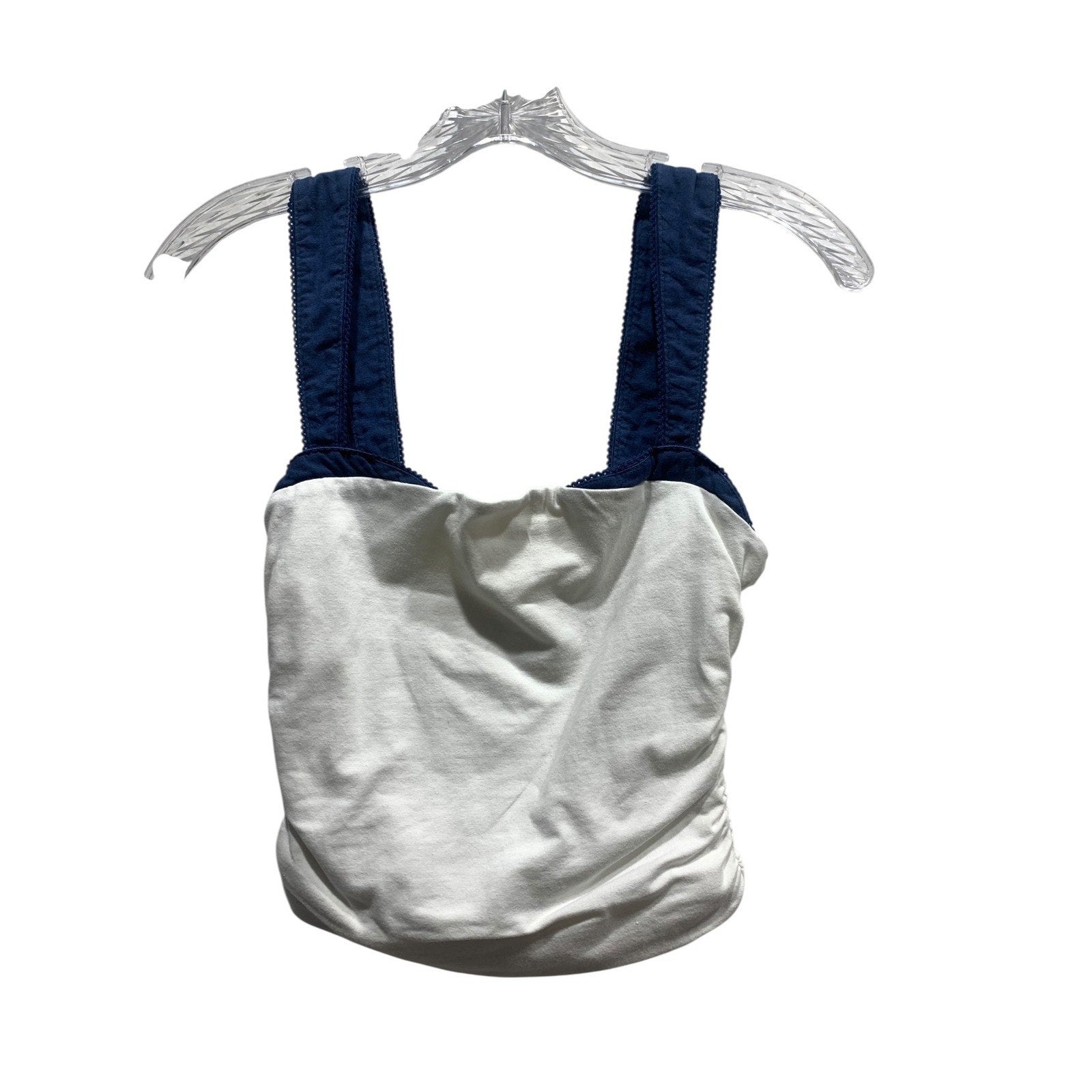 Free People White Navy Blue Ruched Side Lace Trim Square Neck Tank Top XS