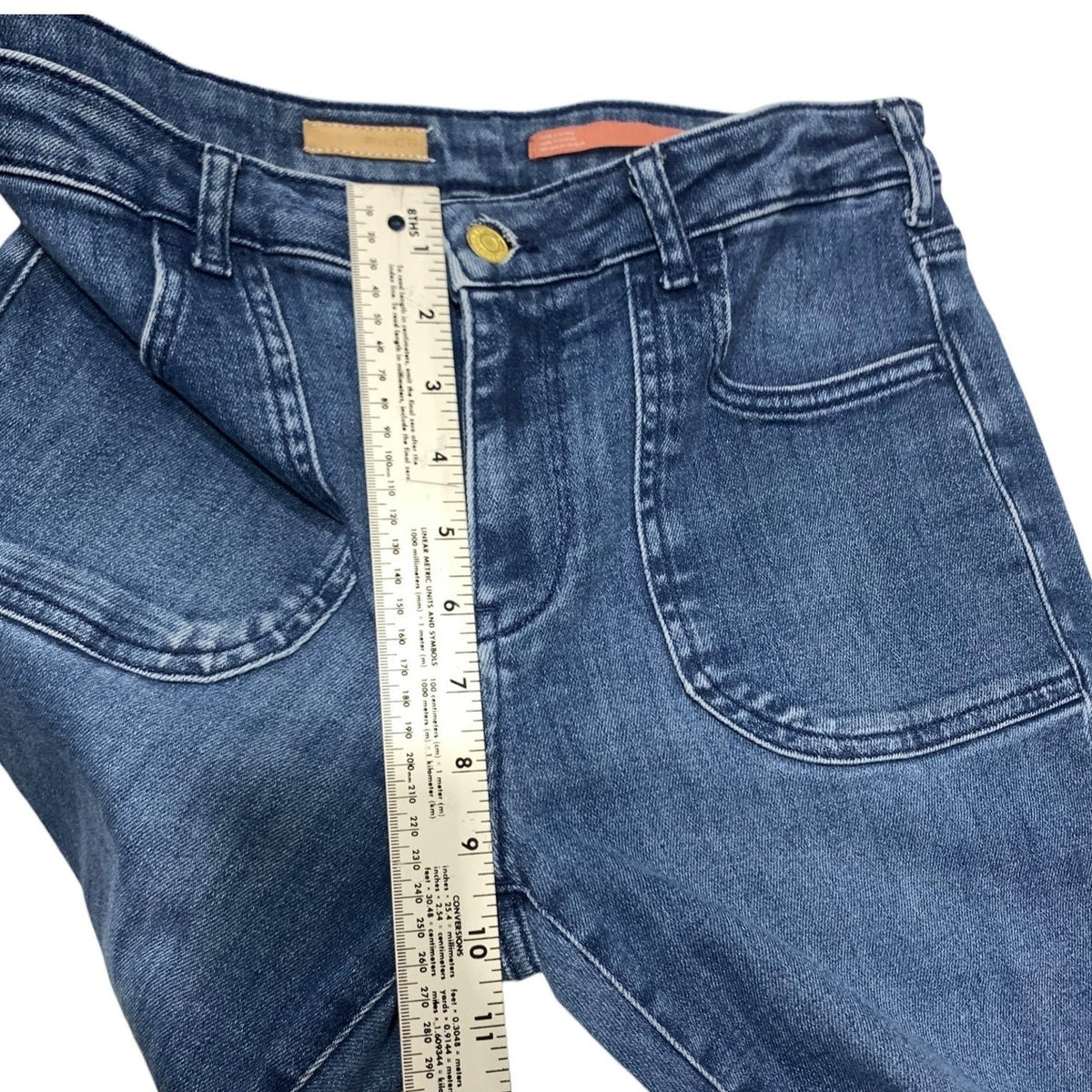 Pilcro and the Letterpress Flare Jeans Medium Wash Patch Pocket Raw Hem 29