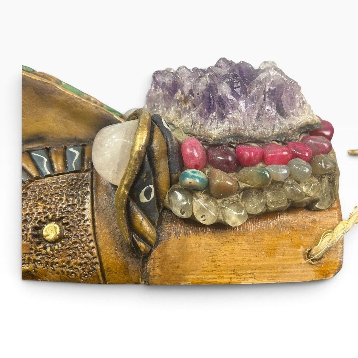 Brazilian Bamboo Mask Decor with Amethyst Rose Quartz & Natural Gemstones 12"