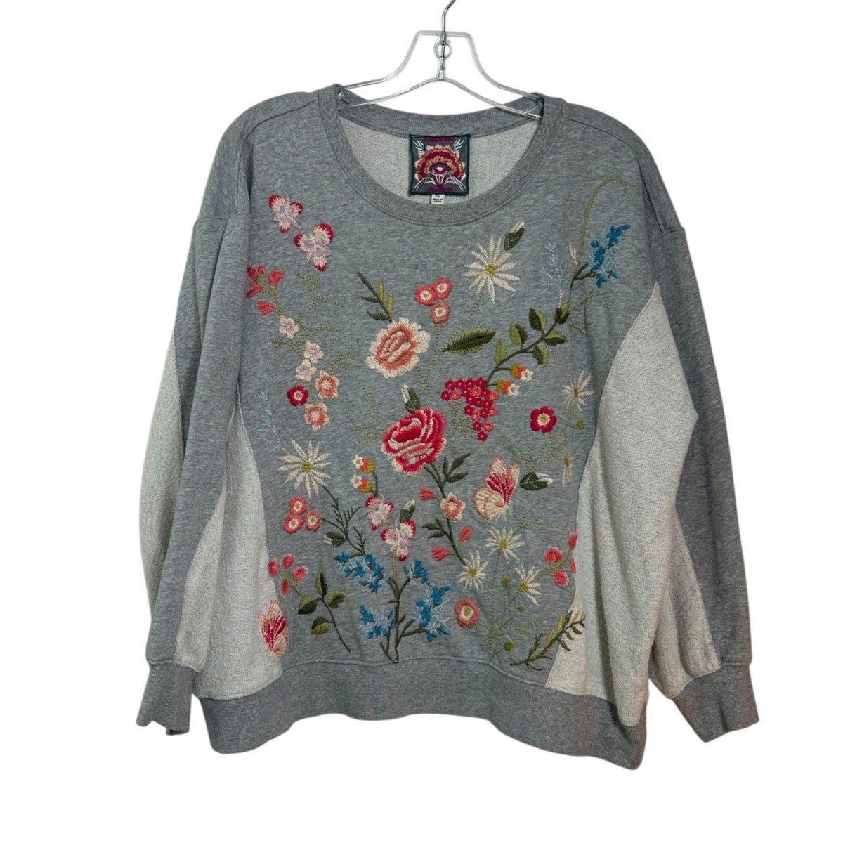 Johnny Was Catalina Terry Floral Embroidered Sweatshirt Grey PXL cottagecore