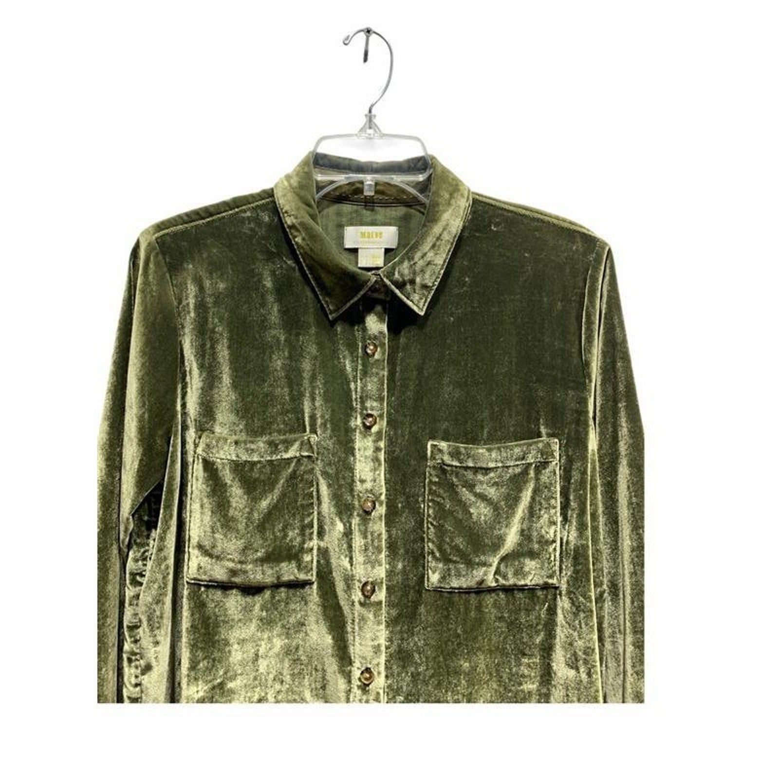 Maeve Anthropologie Olive Green Velvet Button Down Shirt Long Sleeve Womens Sz 6
