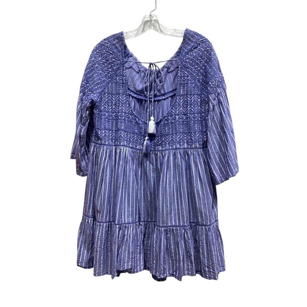 Free People LOLA Blue Striped Embroidered Tassel Tiered Babydoll Mini Dress M