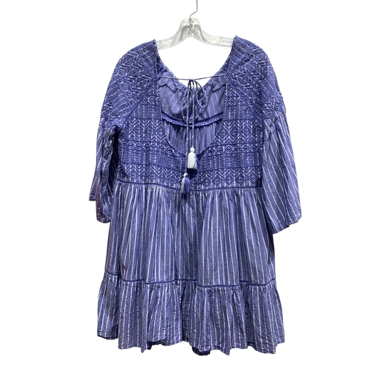 Free People LOLA Blue Striped Embroidered Tassel Tiered Babydoll Mini Dress M