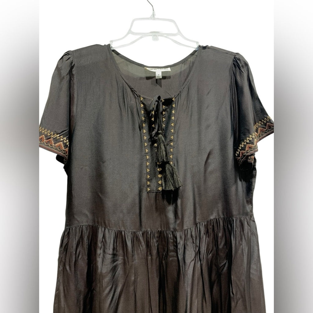 Johnny Was Calme Silk Tiered Embroidered Maxi Dr SZ M Dark Brown/Black With Slip