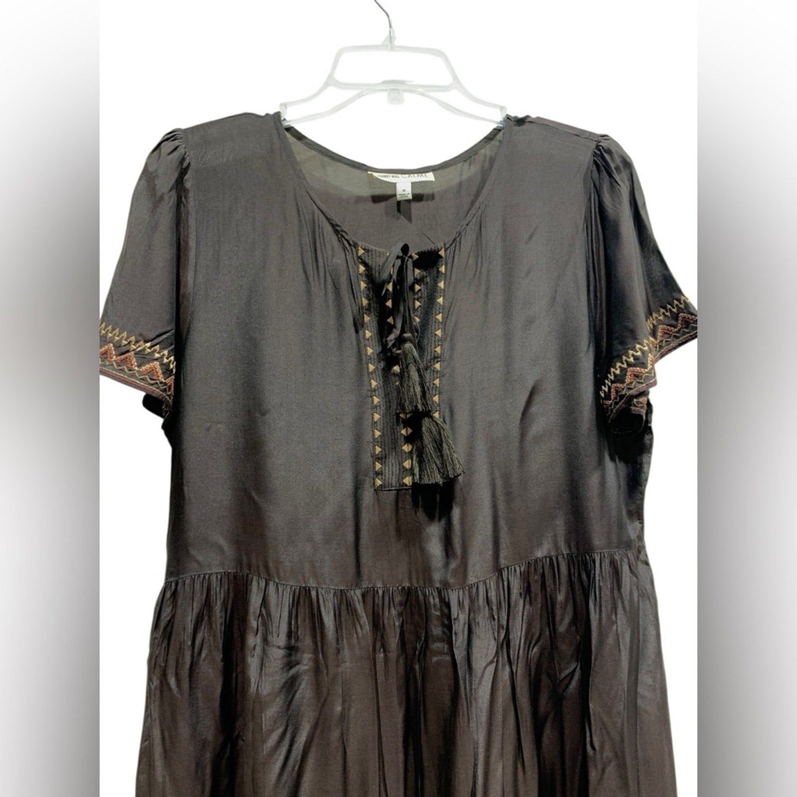 Johnny Was Calme Silk Tiered Embroidered Maxi Dr SZ M Dark Brown/Black With Slip