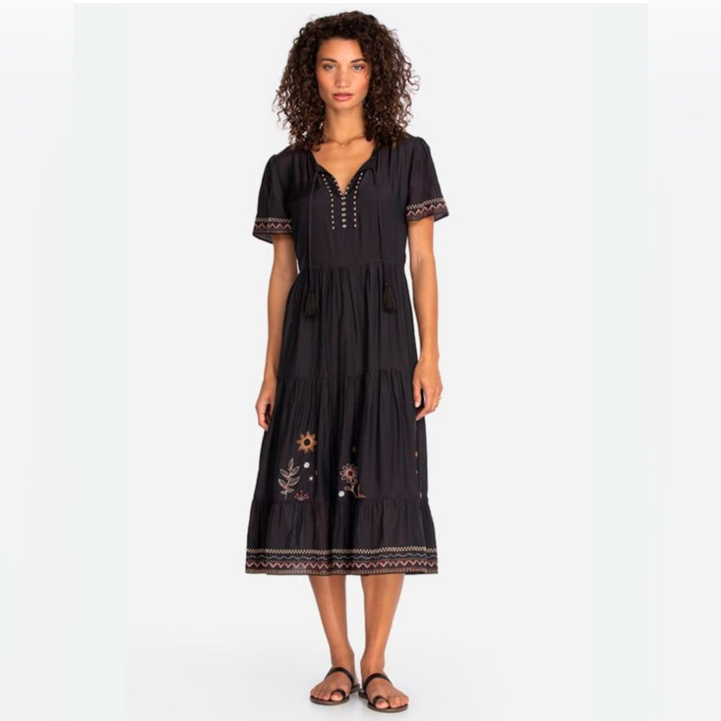 Johnny Was Calme Silk Tiered Embroidered Maxi Dr SZ M Dark Brown/Black With Slip