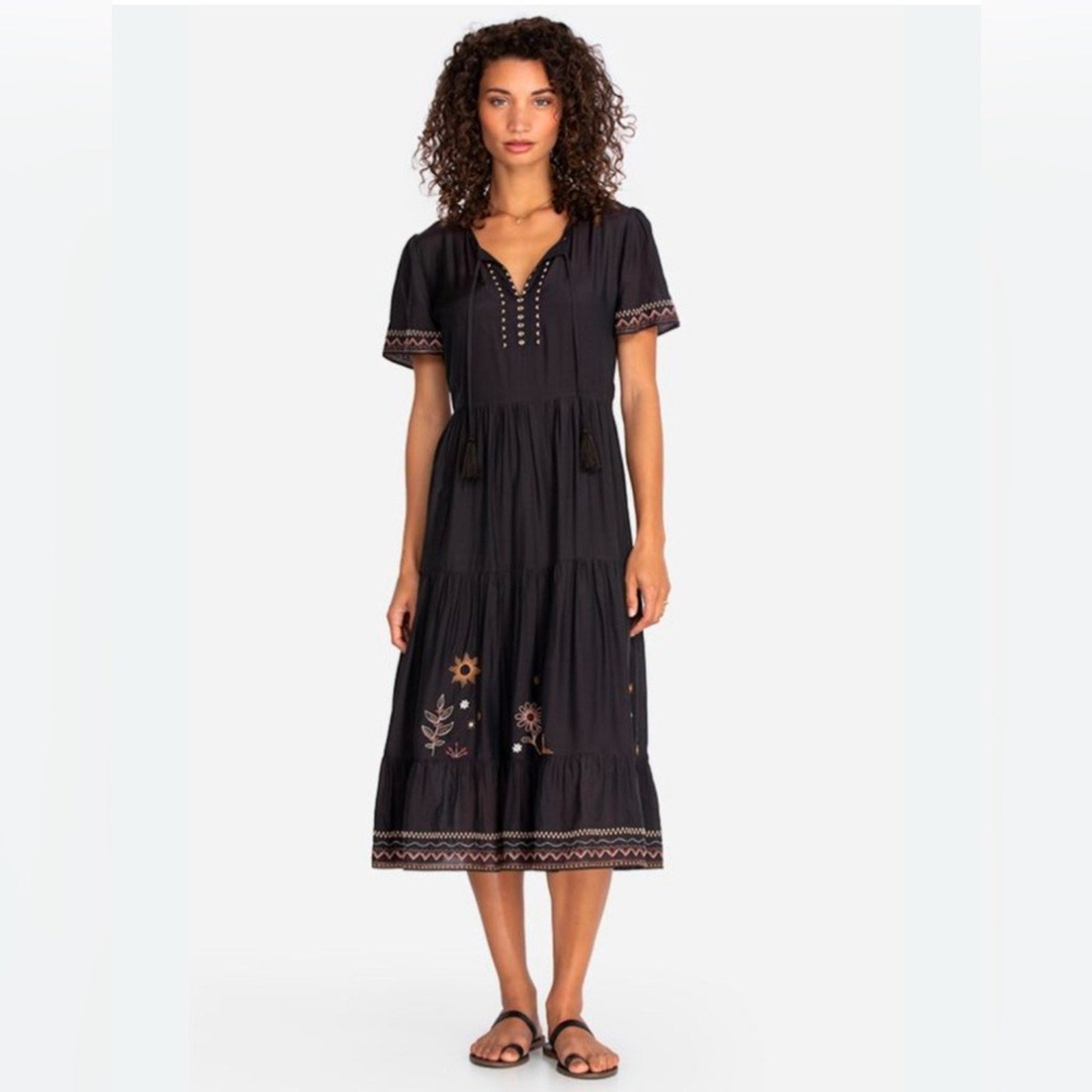 Johnny Was Calme Silk Tiered Embroidered Maxi Dr SZ M Dark Brown/Black With Slip