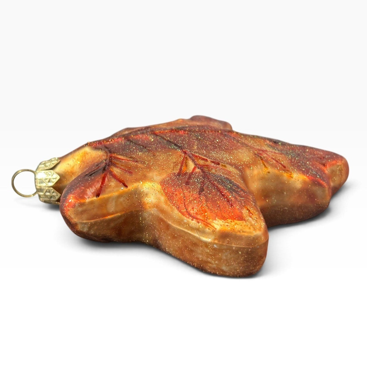 Dept 56 Poland Blown Glass Autumn Oak Leaf Ornament Amber Gold Glitter 5.5in