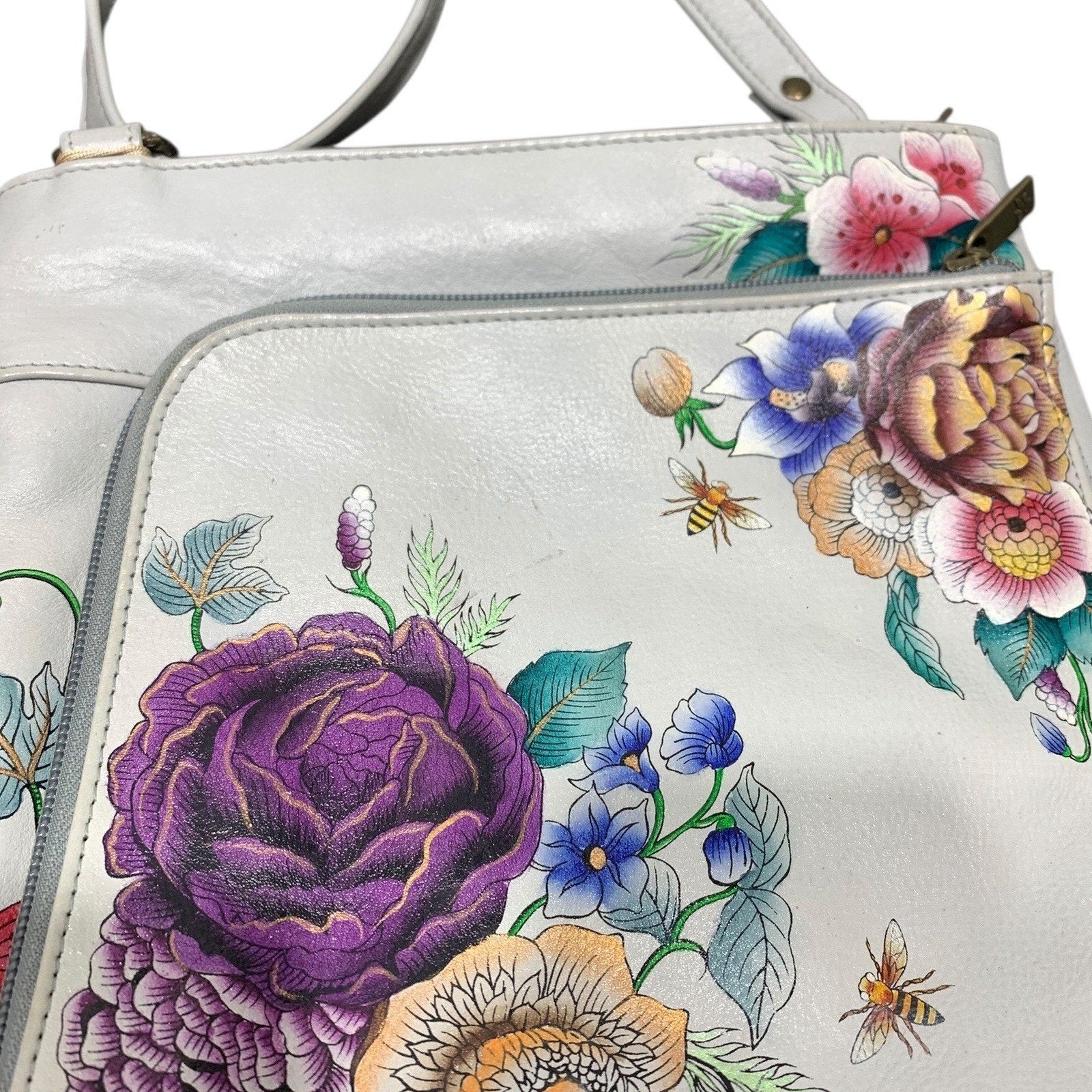 Anuschka Hand Painted Leather Floral Bee Crossbody Bag White RFID Organizer
