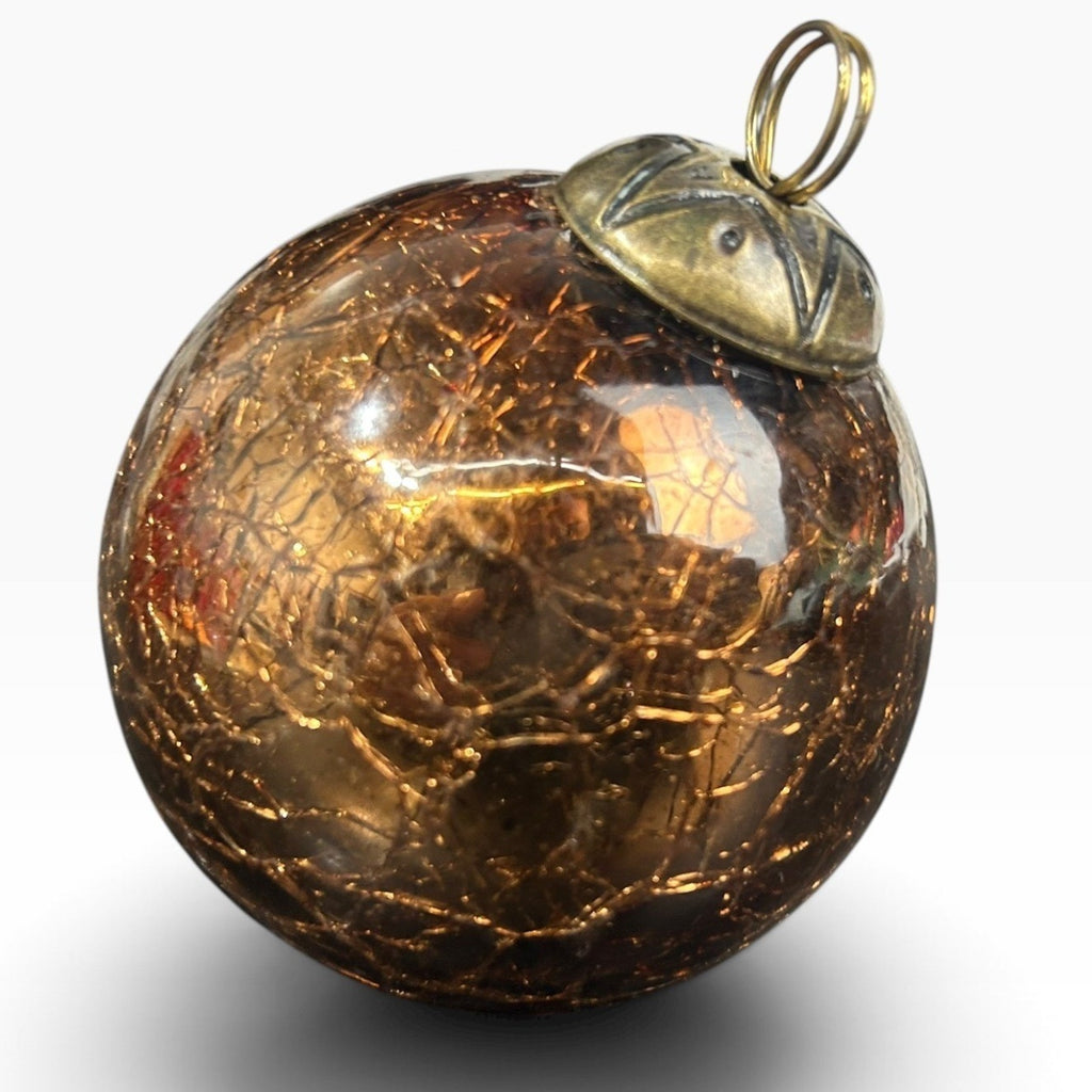 Vintage Amber Crackle Kugel Style Christmas Ornament 3 inch Star Cap 6.2oz