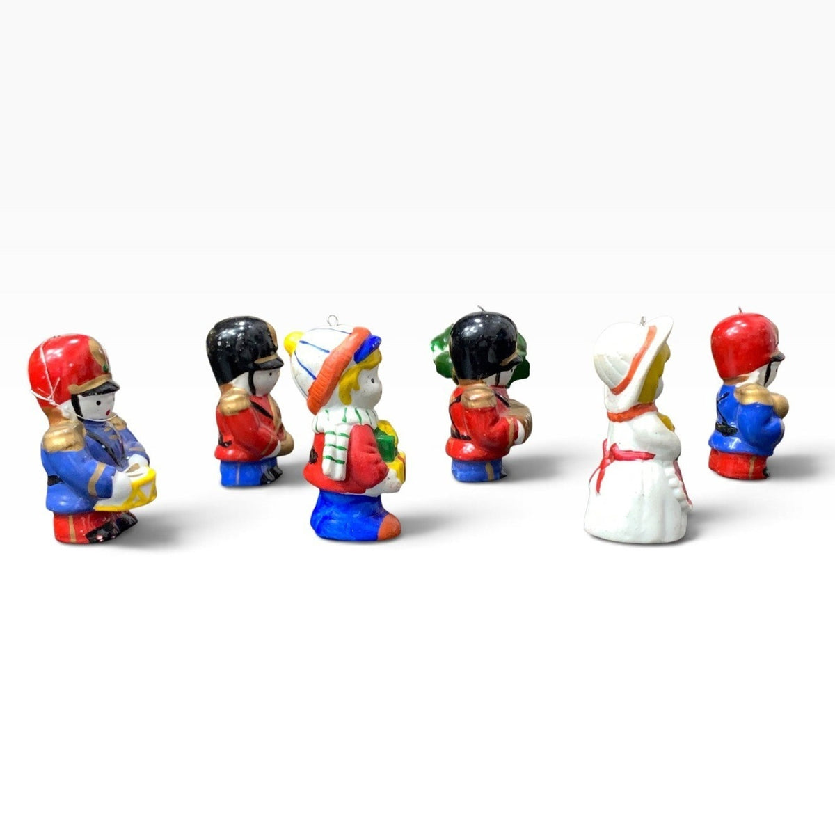 Vintage Christmas Ceramic Toy Soldier Marching Band Ornaments Set of 6 Multi