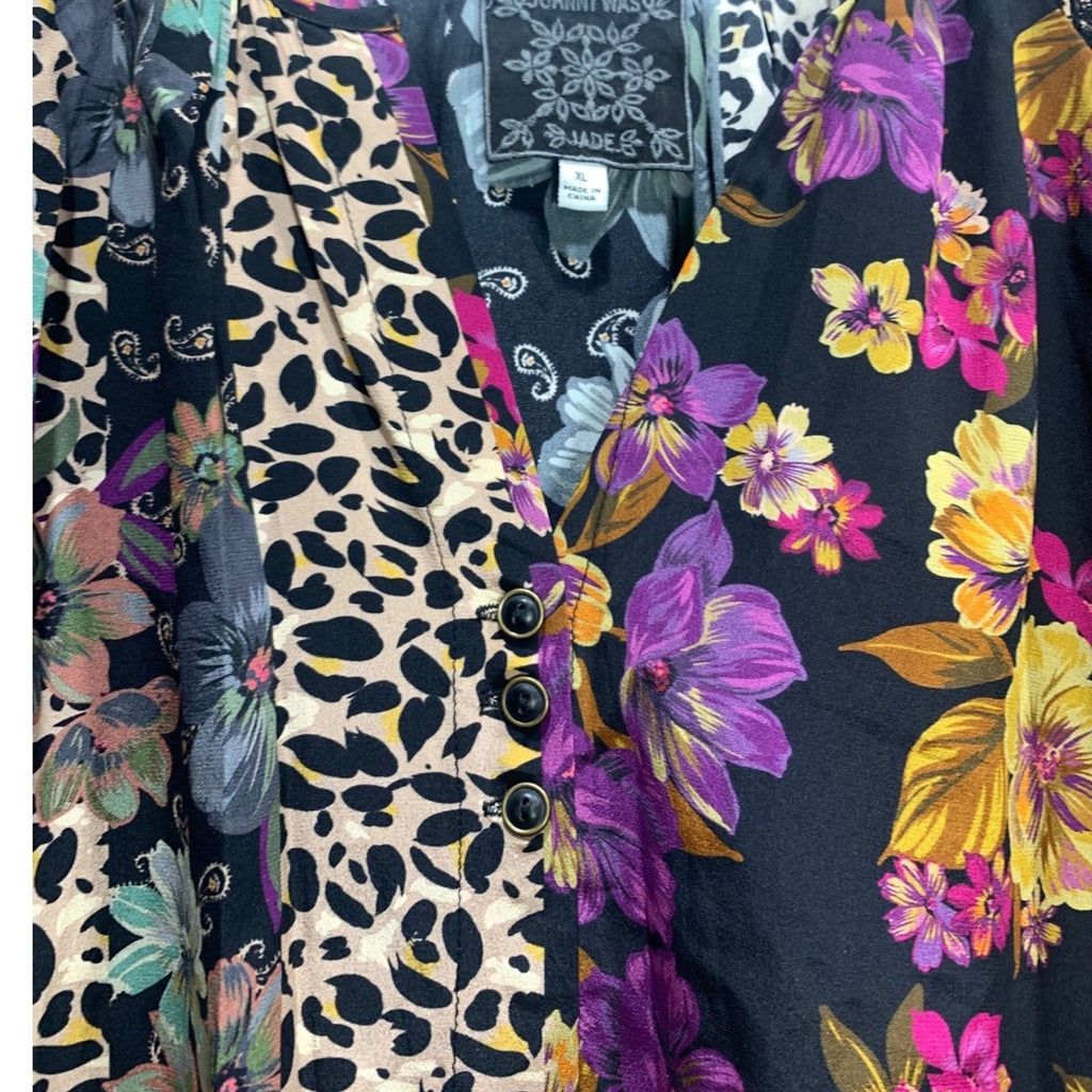 Johnny Was Zane Silk Easy Blouse Blend Patchwork Floral Leopard XL Black Multi