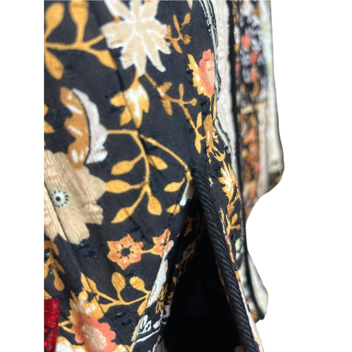 Anthropologie Quilted Patchwork Floral Jacket Black Cream Orange XS XS Boho