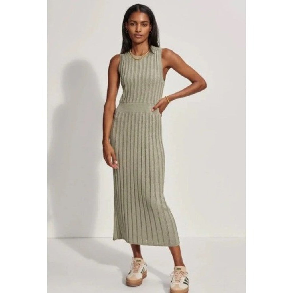 Varley Florian Knit Dress Sage Green Cotton Pointelle Ribbed Midi Womens Small