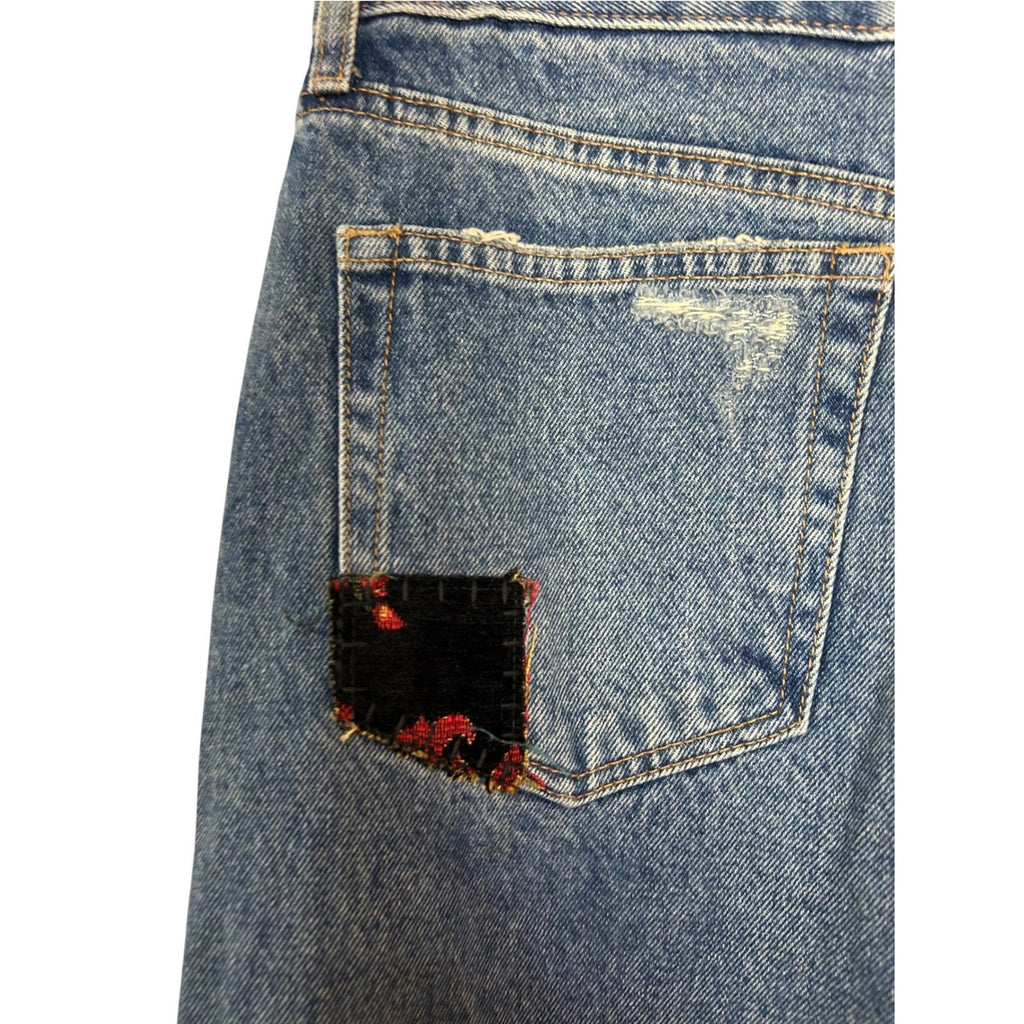 Free People We The Free Poppy Patch Straight Leg Jeans Size 30 Boho Floral Blue