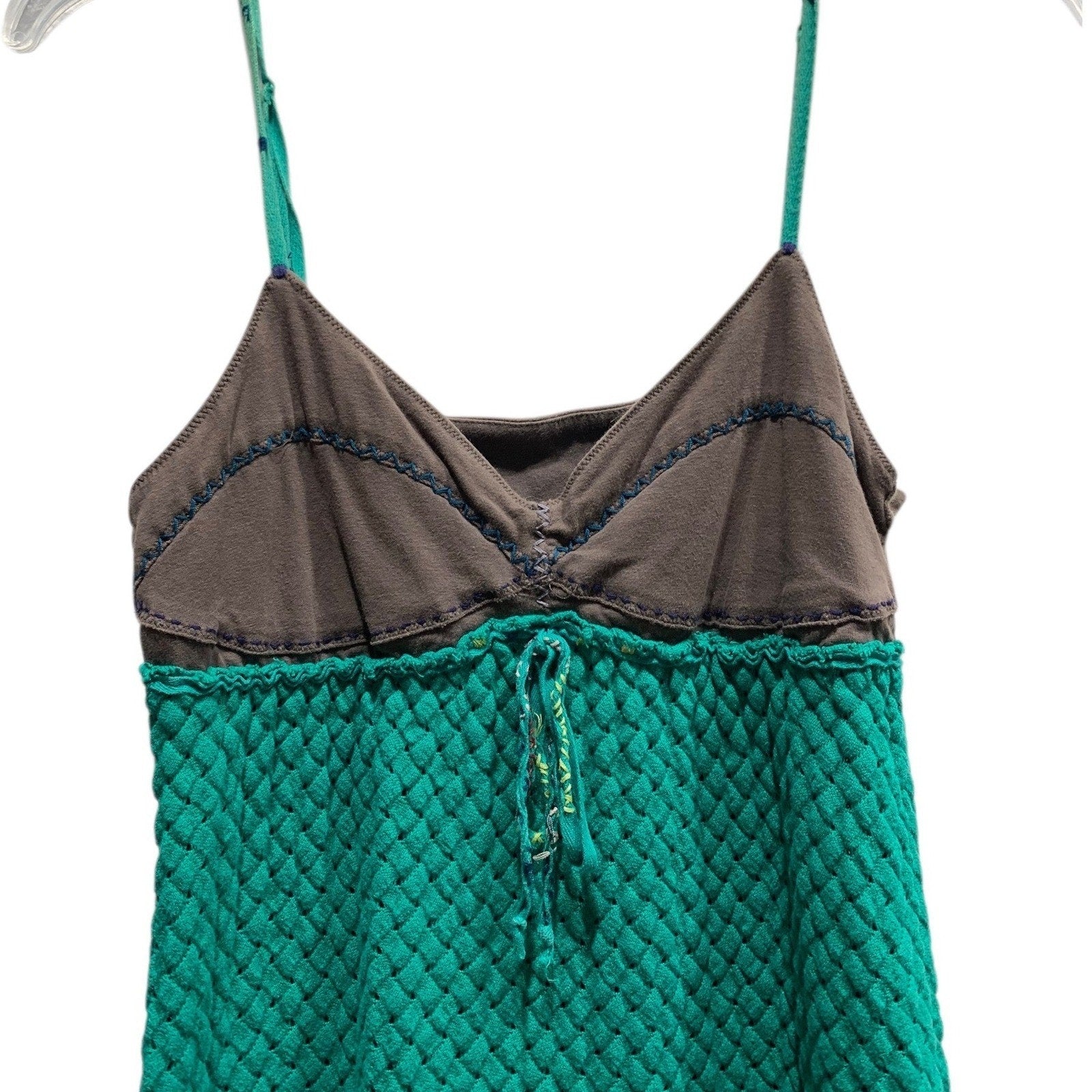 Free People Green Brown Quilted Mini Dress Boho Strappy Empire Waist Size 8