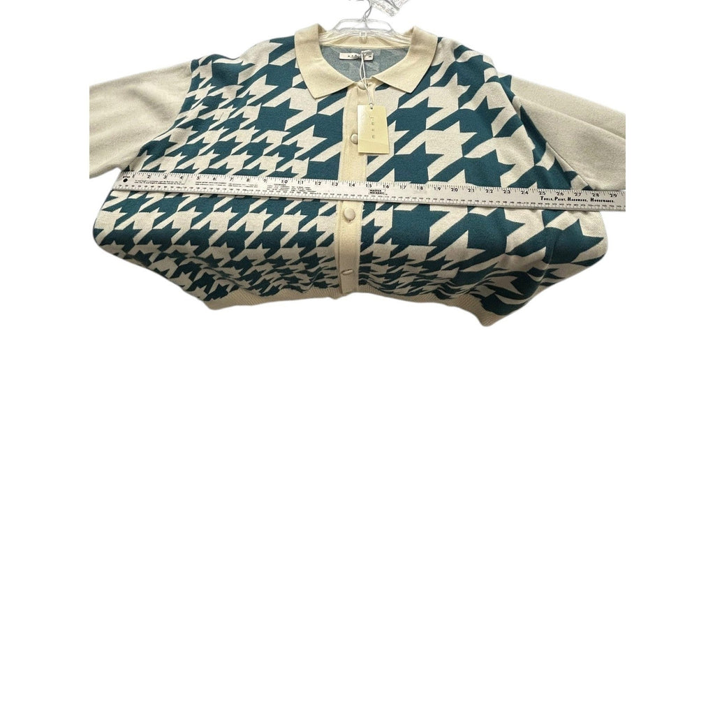 mnml Mens Teal Houndstooth Knit Short Sleeve Button Shirt XXL NWT Career Retro