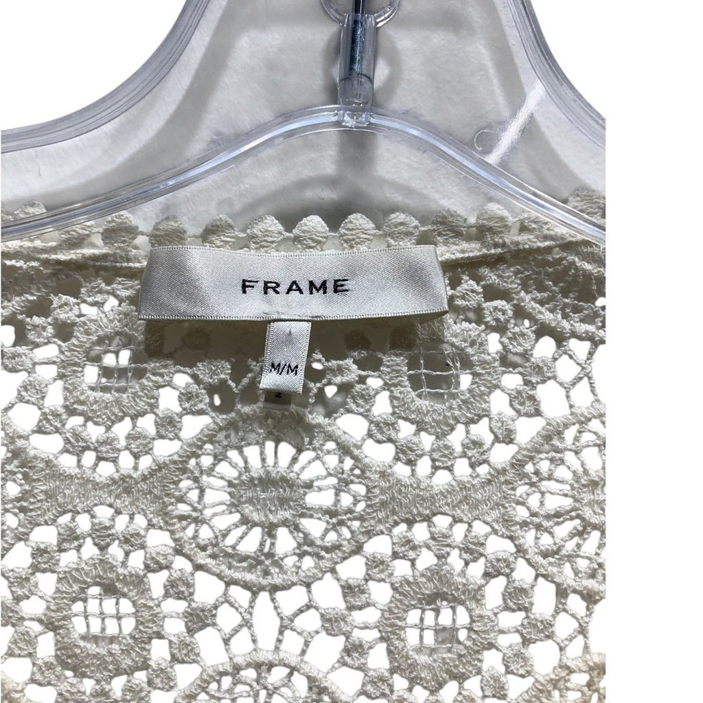 FRAME Cream Crochet Lace Boho Long Sleeve Tassel V Neck Blouse Top M/M