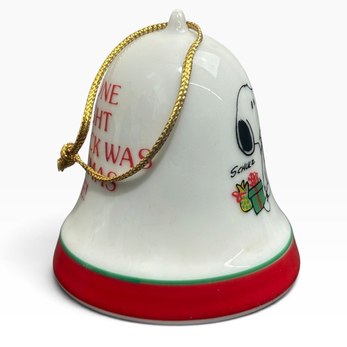 Vintage 1975 Peanuts Snoopy Woodstock Christmas Bell Ornament Ceramic 2.5"