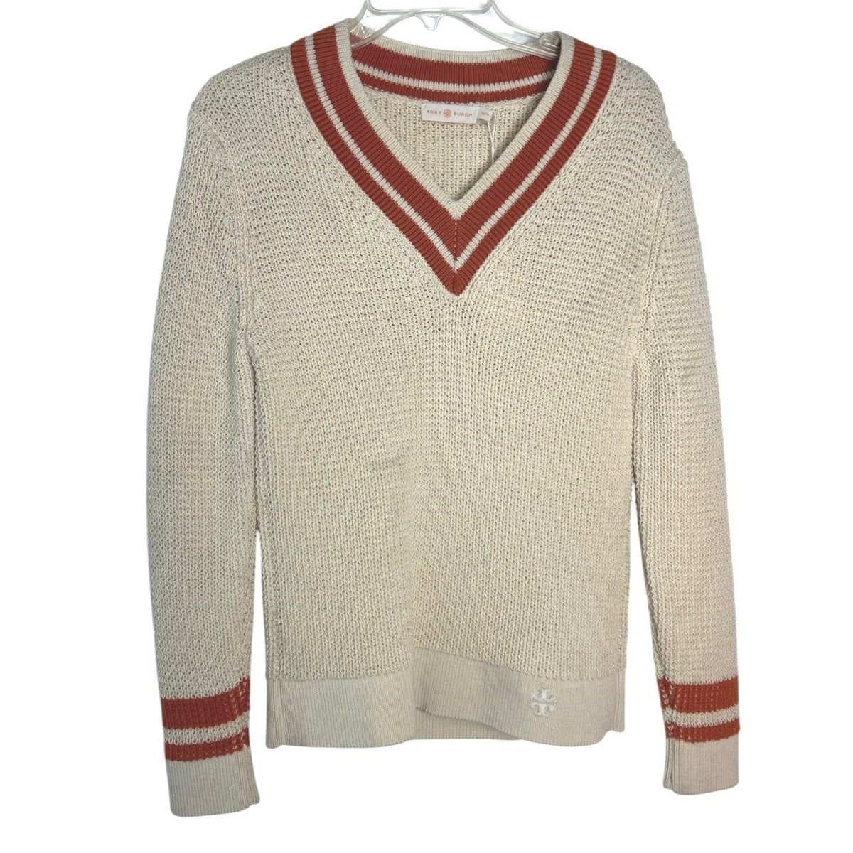 Tory Burch Vintage Cricket Sweater Ivory Orange V-Neck Knit Top XS 79714