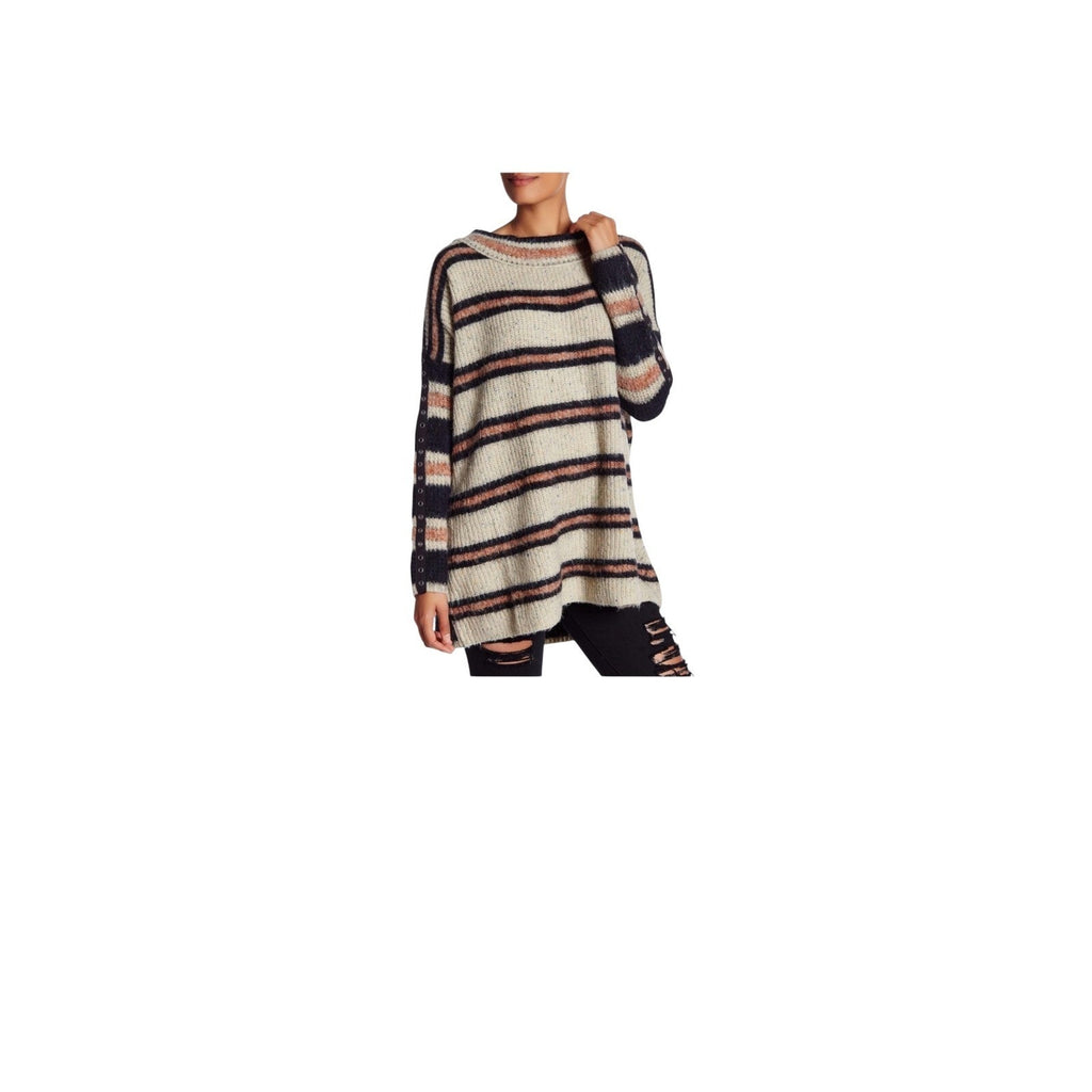Free People Sid Stripe Tunic Sweater Cream Black Rust Grommet Sleeve Large boho
